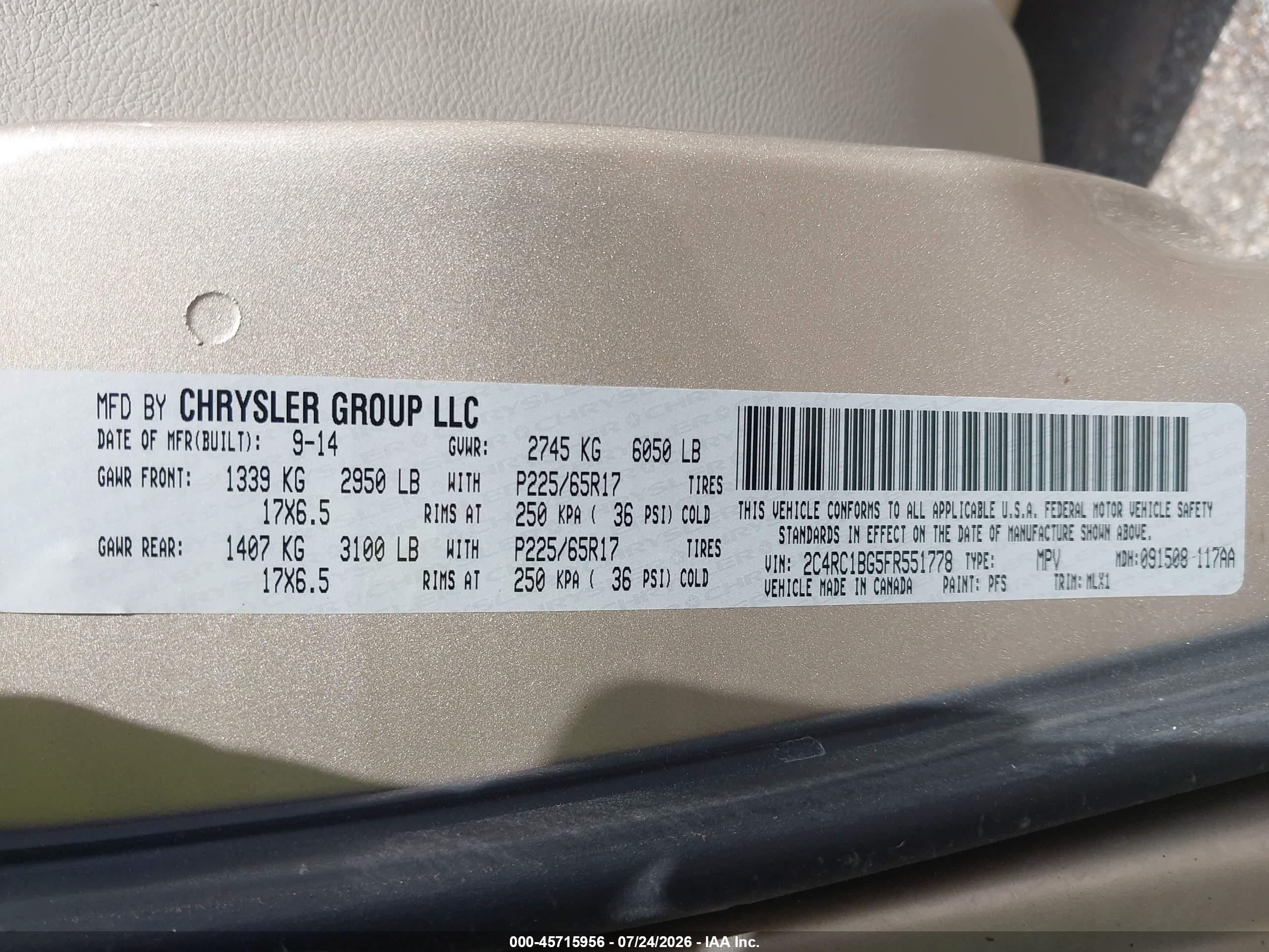 2015 Chrysler Town & Country Touring Beige vin: 2C4RC1BG5FR551778