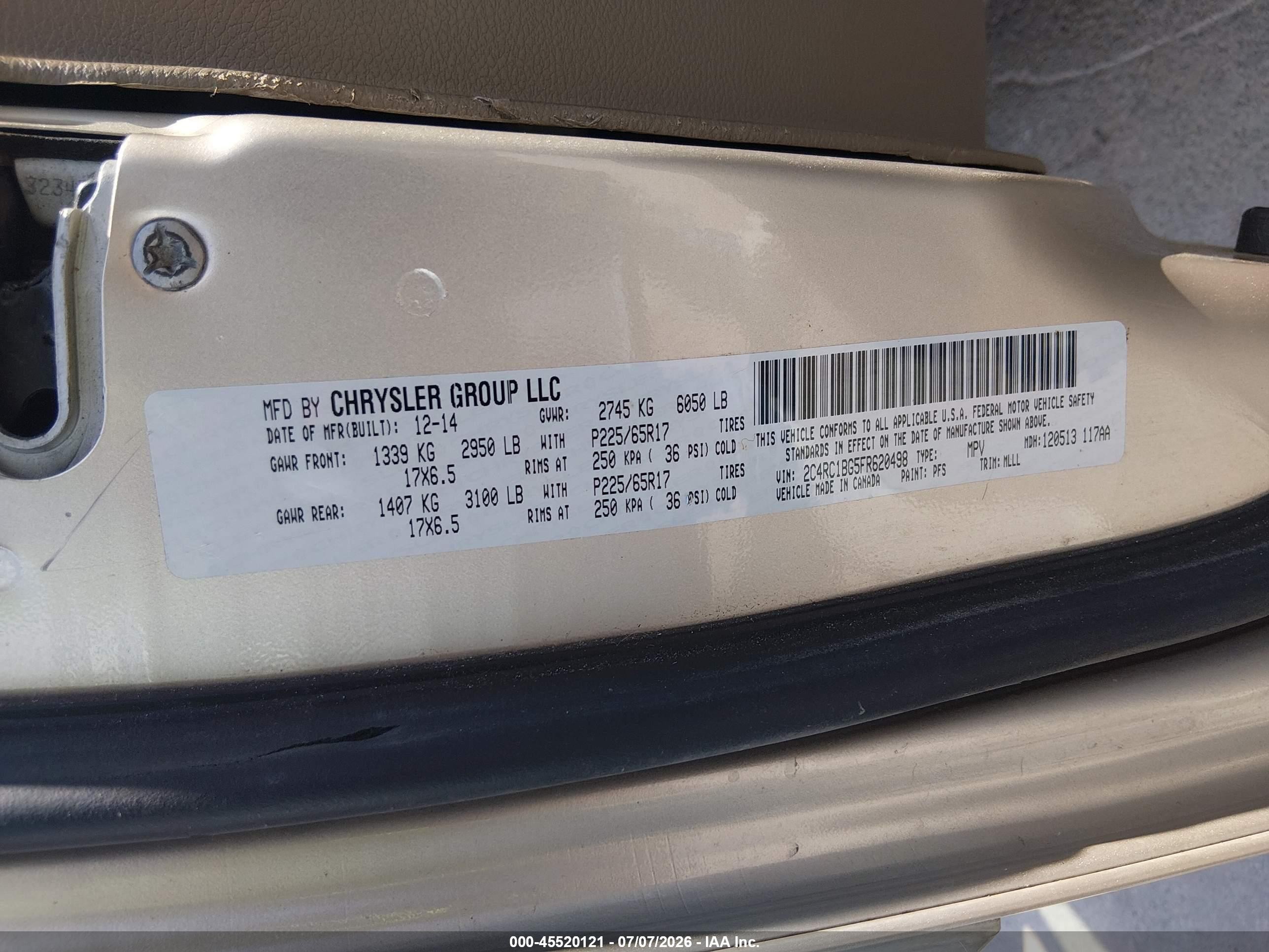 2015 Chrysler Town & Country Touring Gold vin: 2C4RC1BG5FR620498