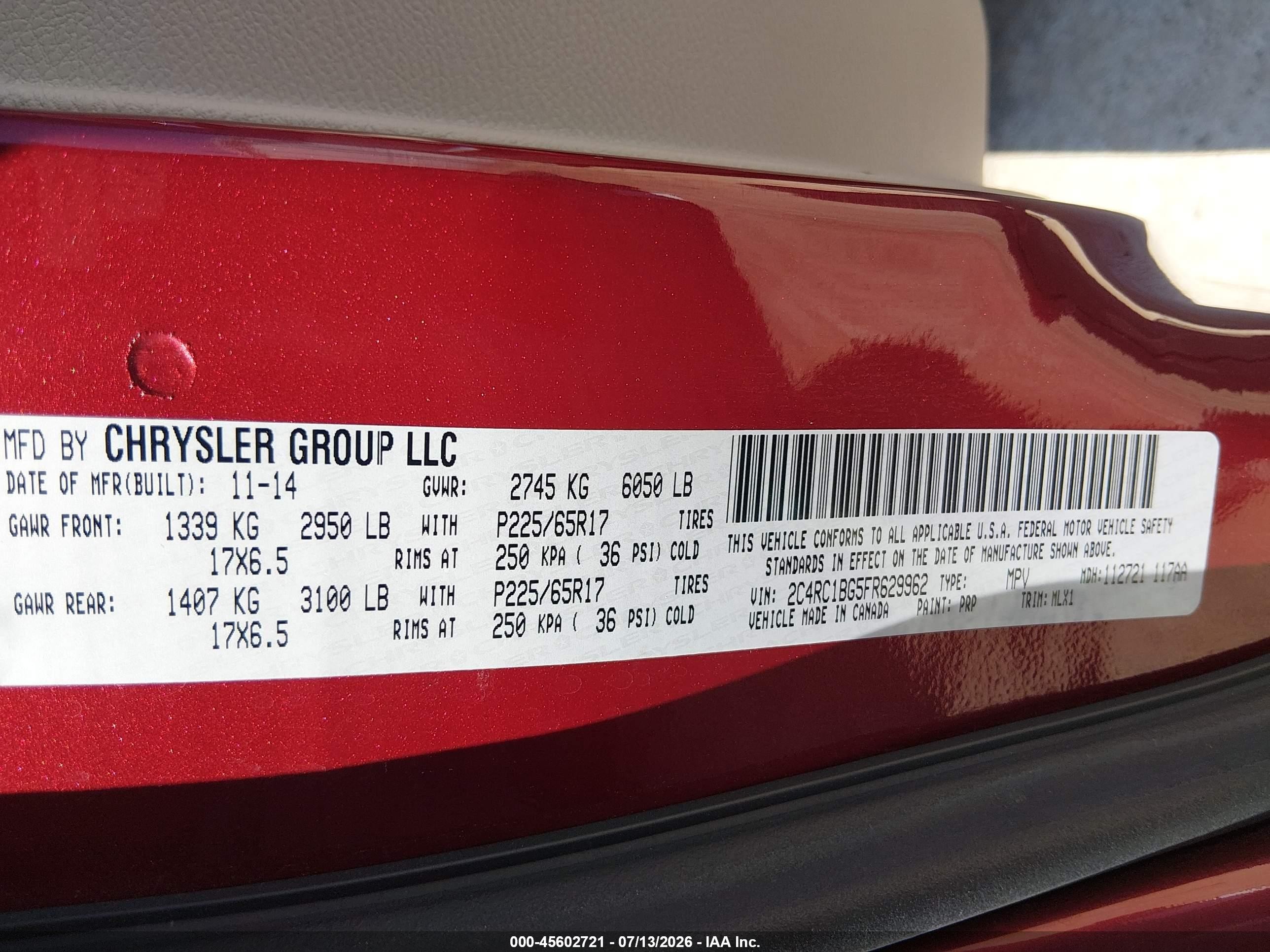 2015 Chrysler Town & Country Touring Red vin: 2C4RC1BG5FR629962