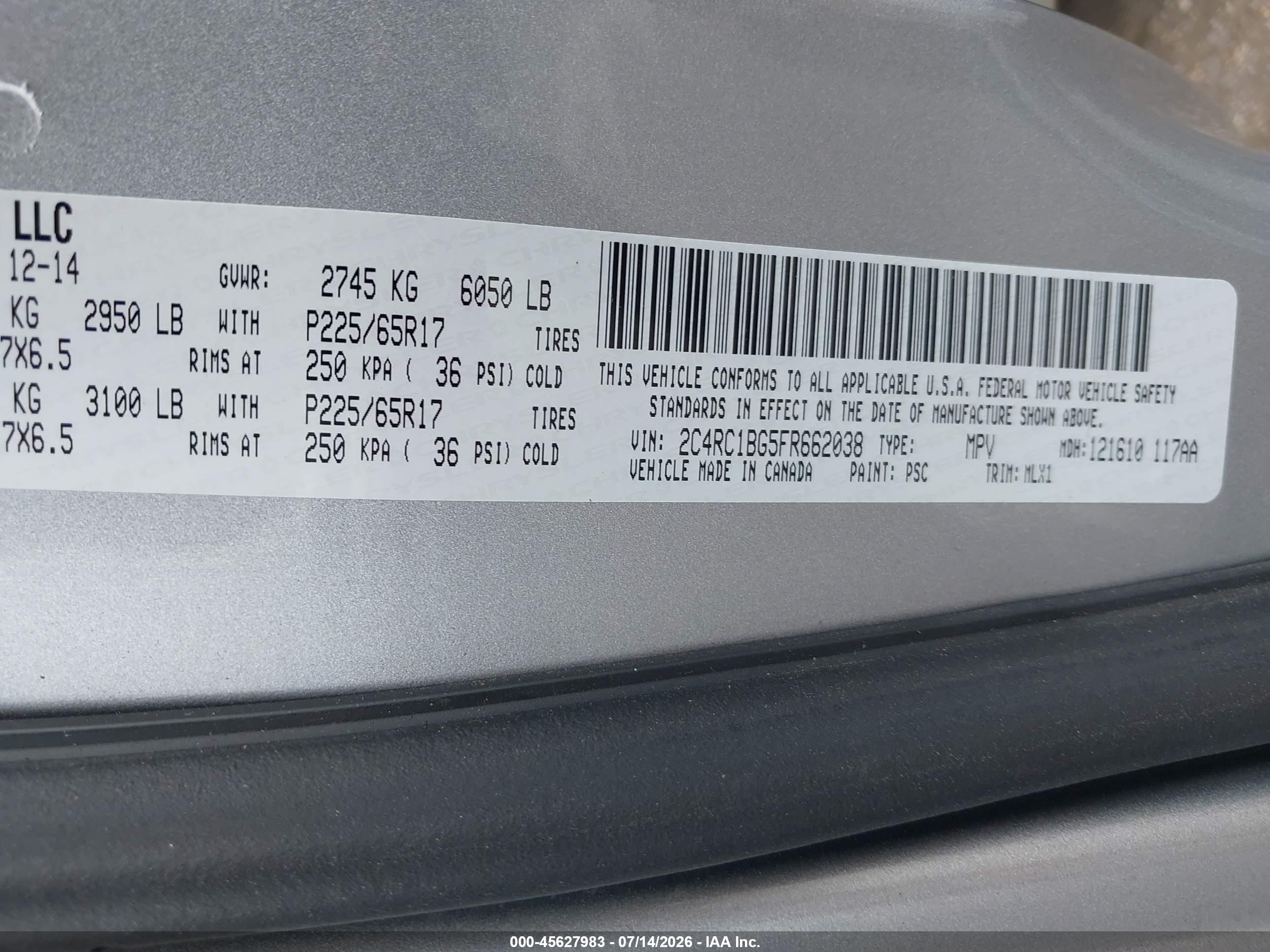 2015 Chrysler Town & Country Touring Gray vin: 2C4RC1BG5FR662038