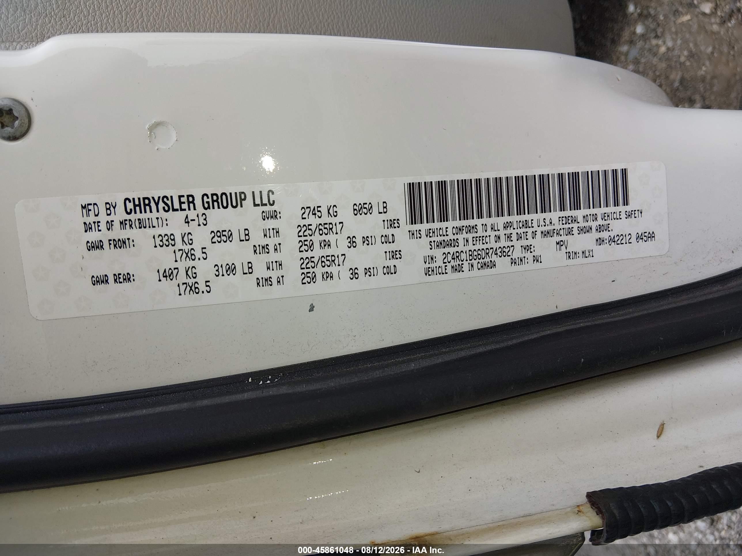 2013 Chrysler Town & Country Touring White vin: 2C4RC1BG6DR743627