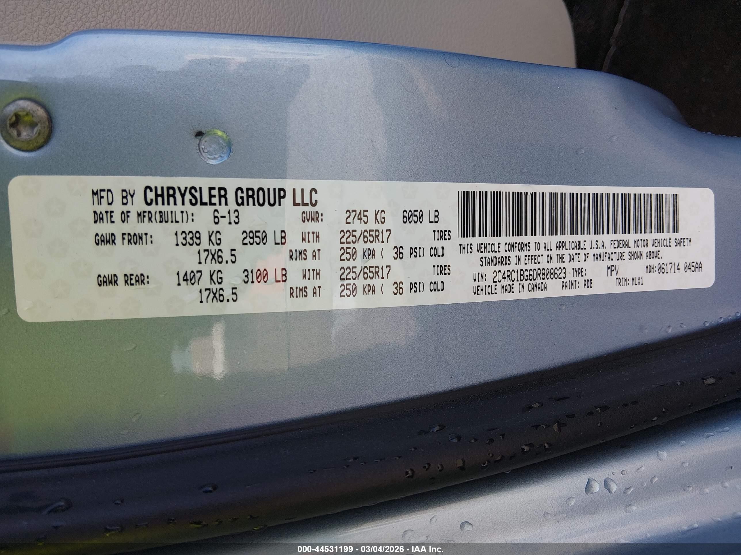 2013 Chrysler Town & Country Touring Light Blue vin: 2C4RC1BG6DR808623
