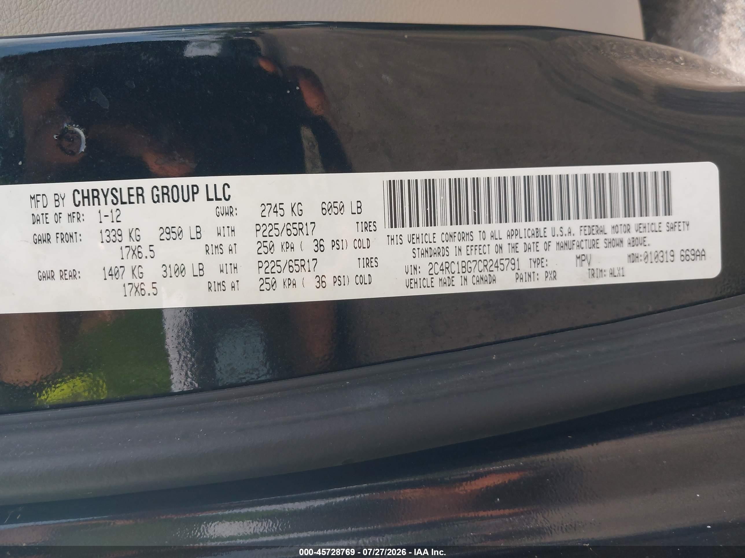 2012 Chrysler Town & Country Touring Black vin: 2C4RC1BG7CR245791