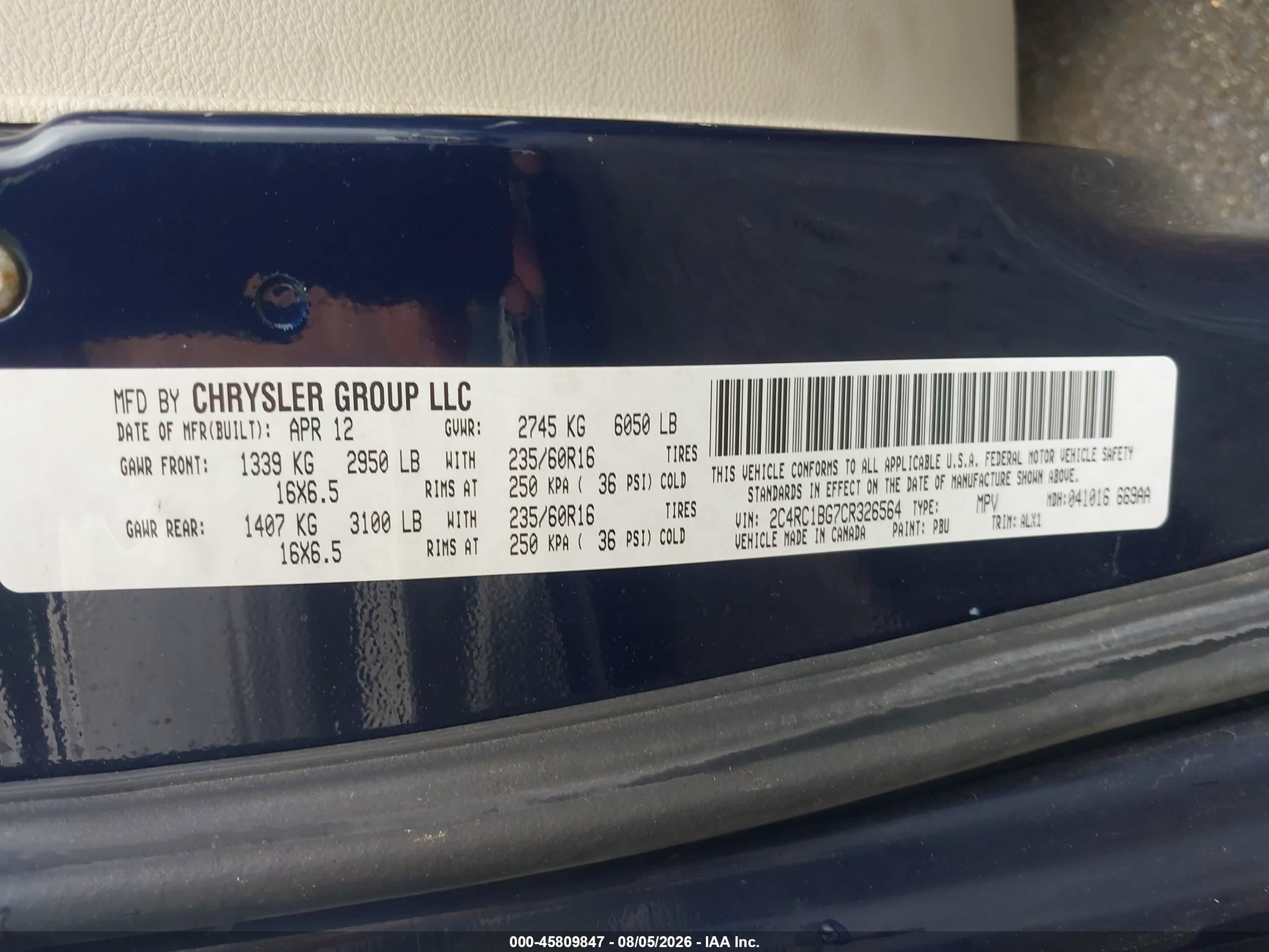 2012 Chrysler Town & Country Touring Blue vin: 2C4RC1BG7CR326564