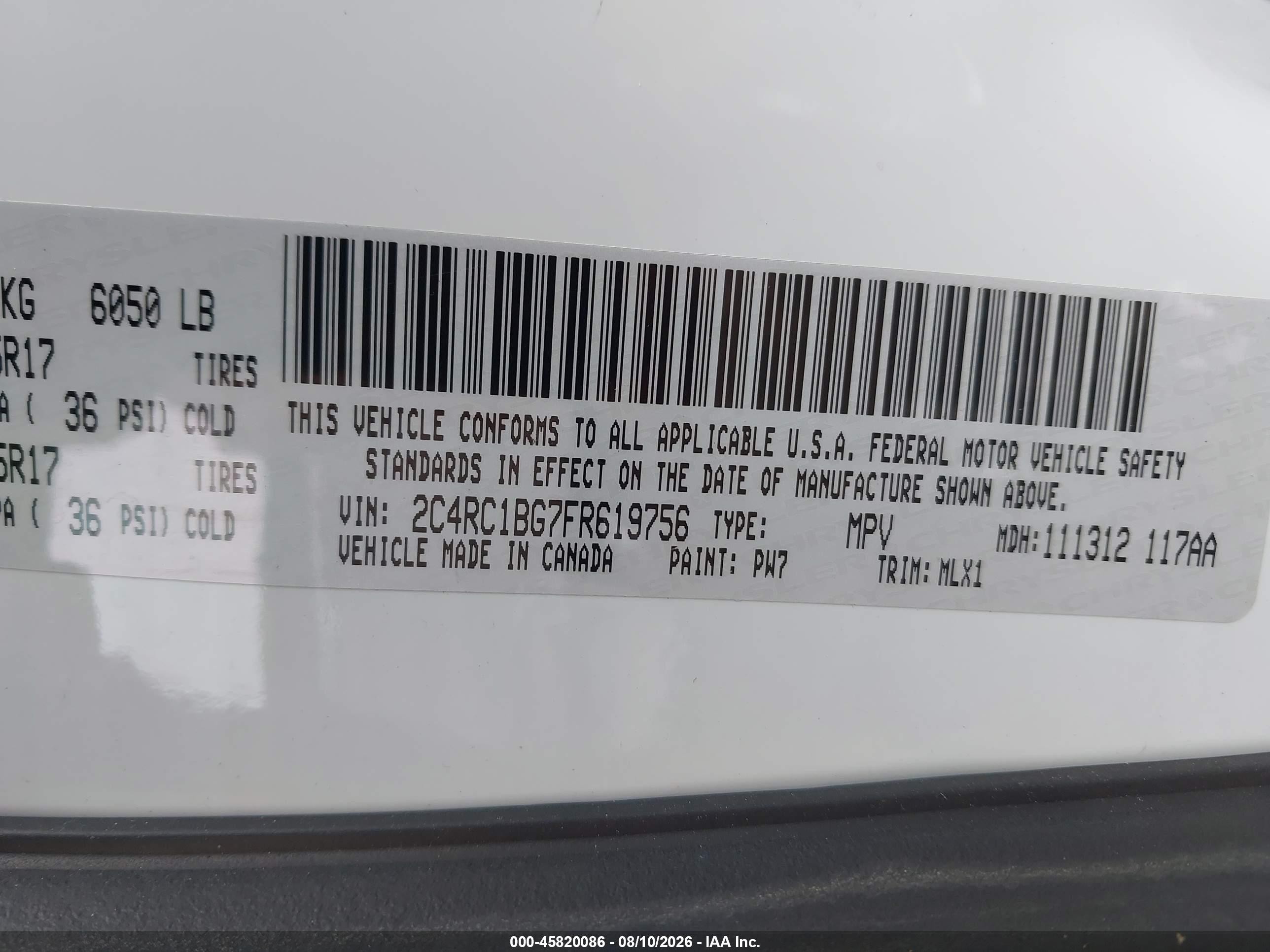 2015 Chrysler Town & Country Touring White vin: 2C4RC1BG7FR619756