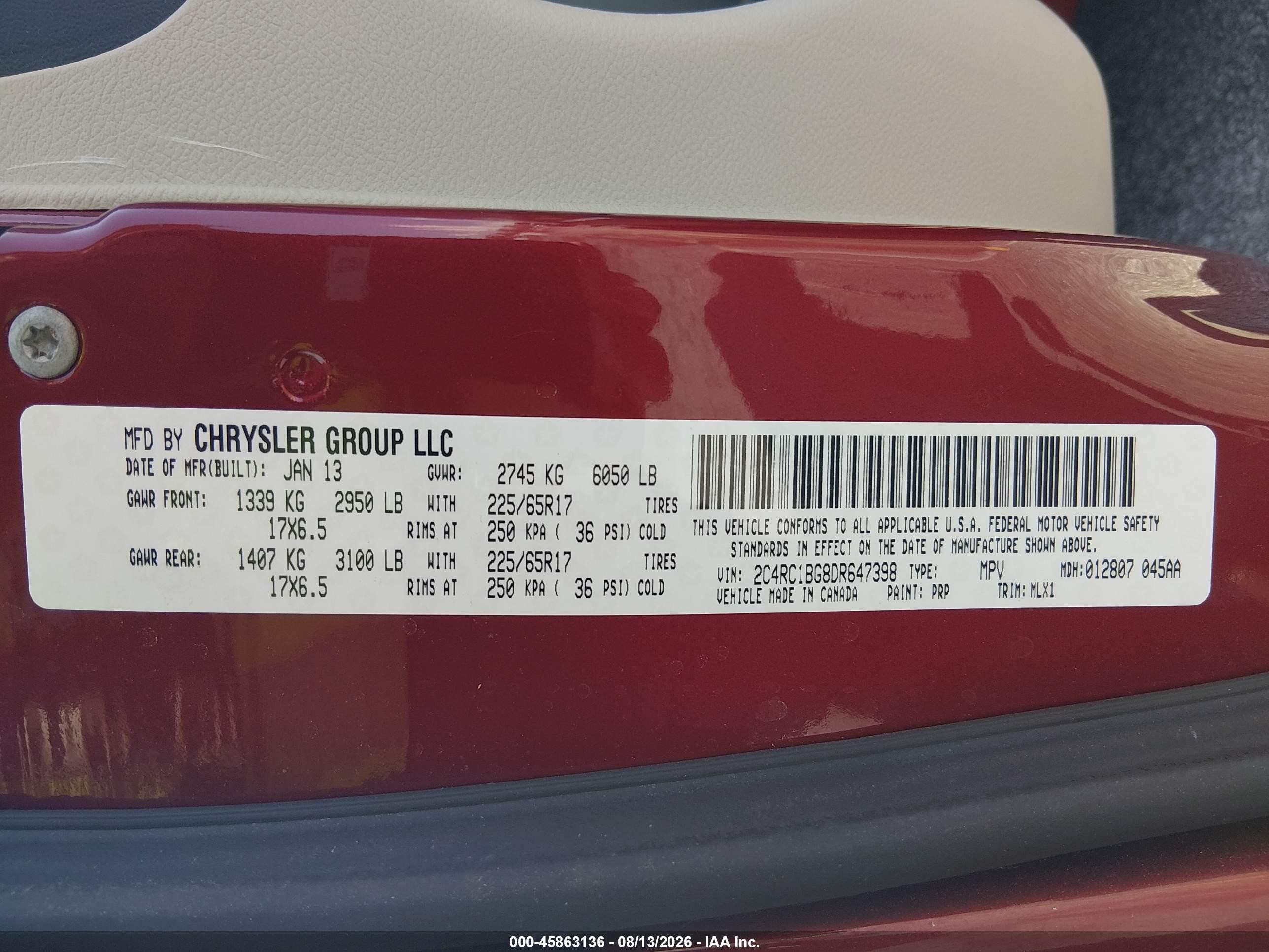 2013 Chrysler Town & Country Touring Red vin: 2C4RC1BG8DR647398