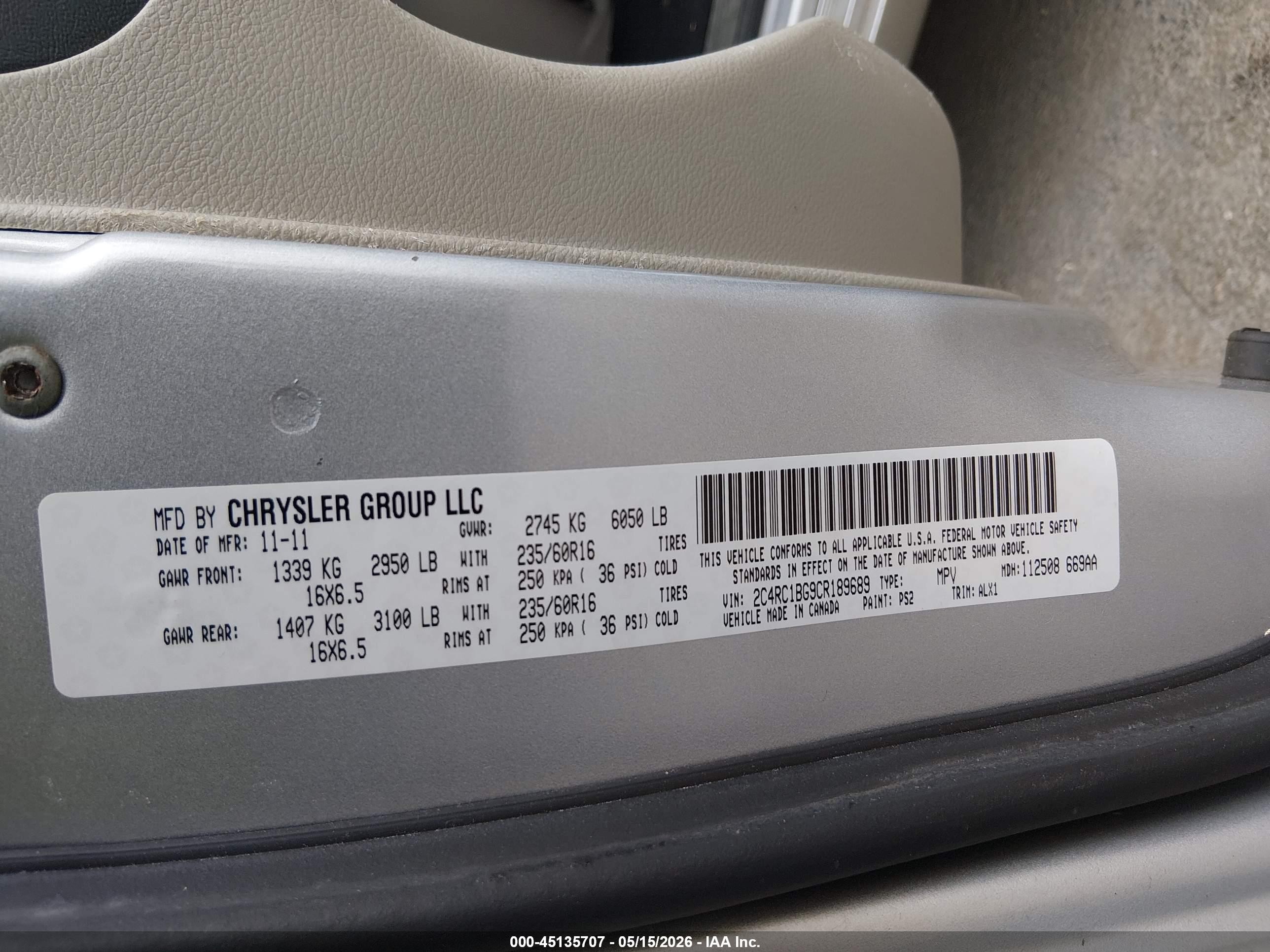 2012 Chrysler Town & Country Touring Gray vin: 2C4RC1BG9CR189689