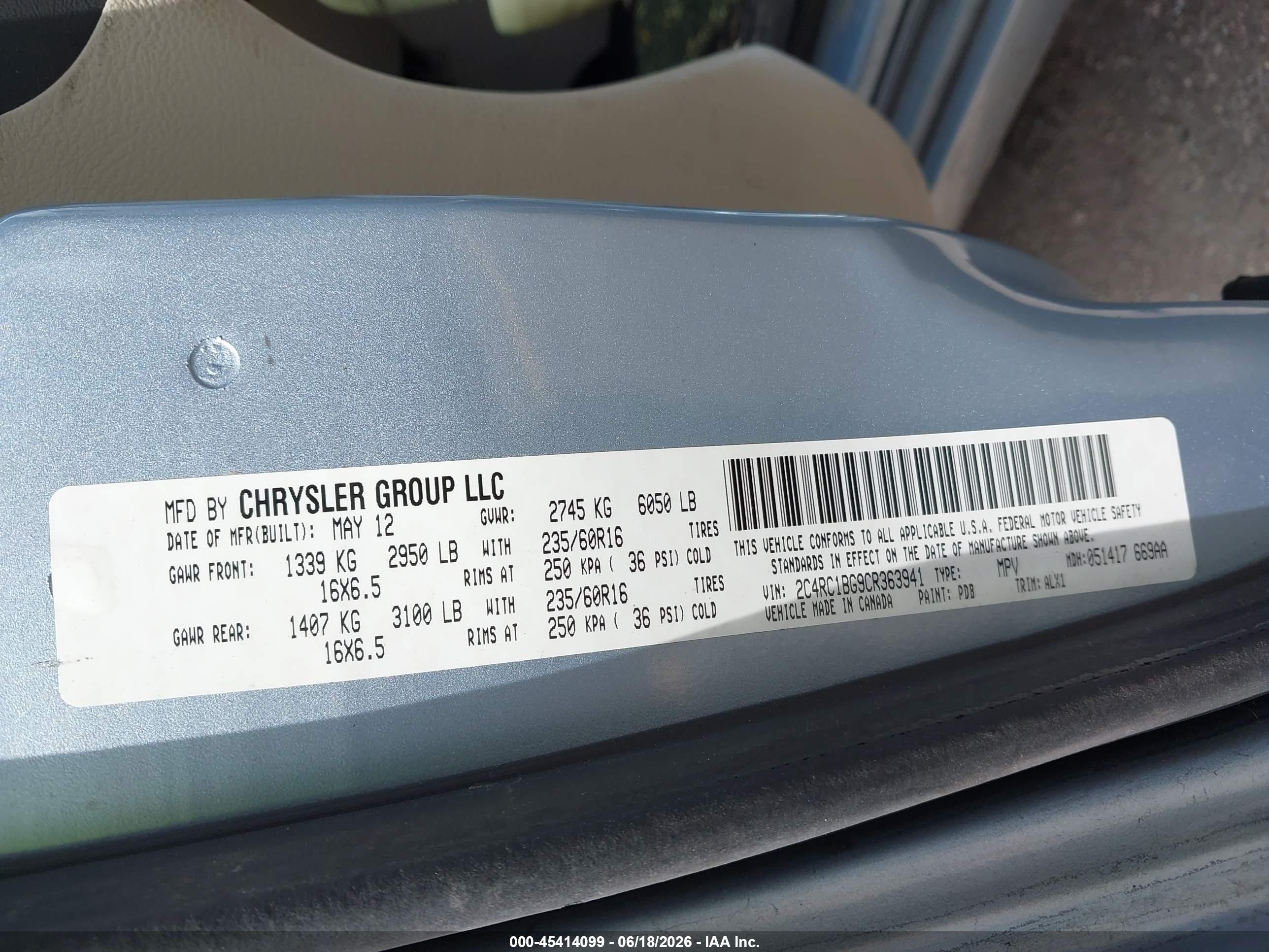 2012 Chrysler Town & Country Touring Light Blue vin: 2C4RC1BG9CR363941