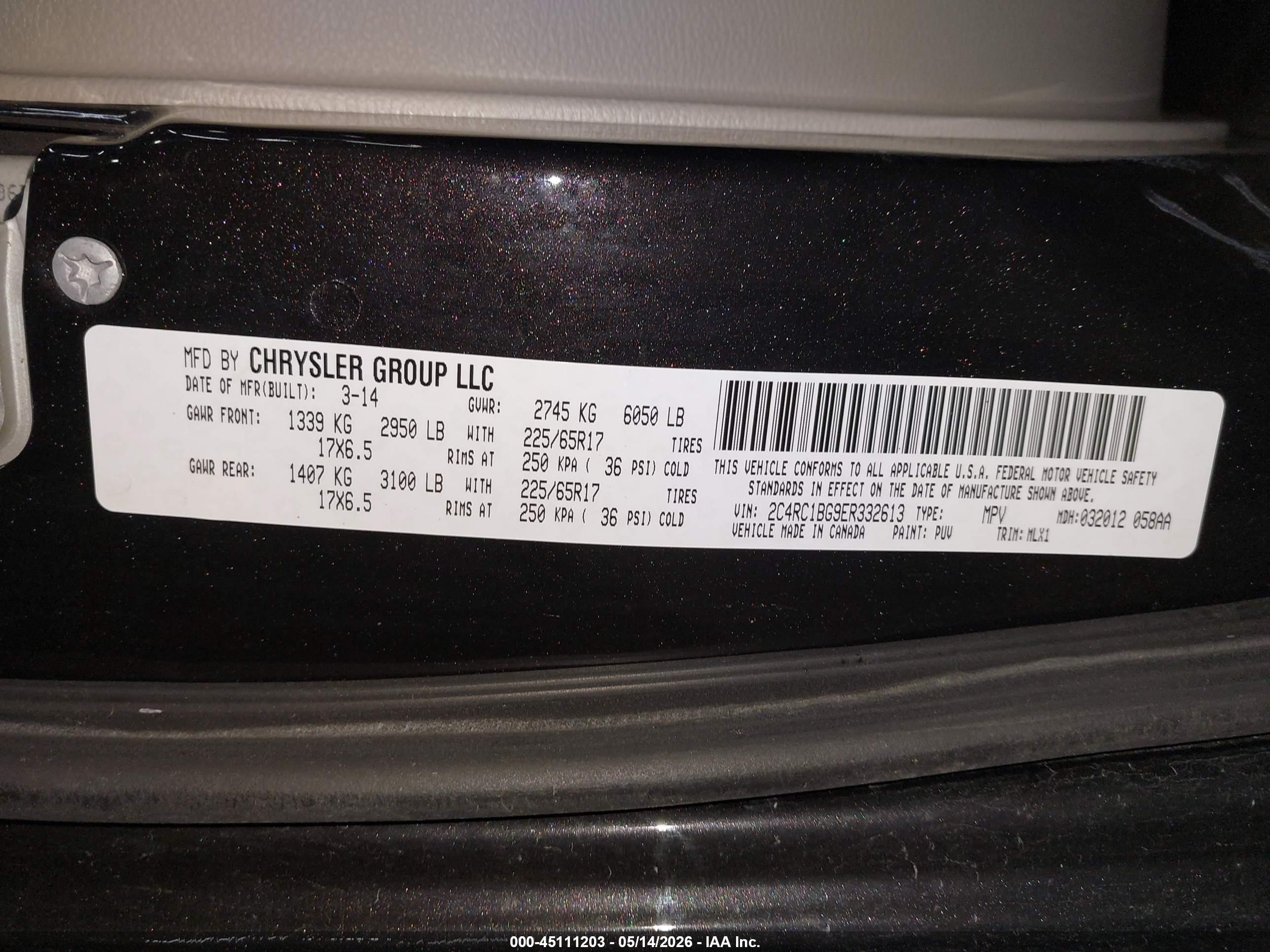 2014 Chrysler Town & Country Touring Black vin: 2C4RC1BG9ER332613