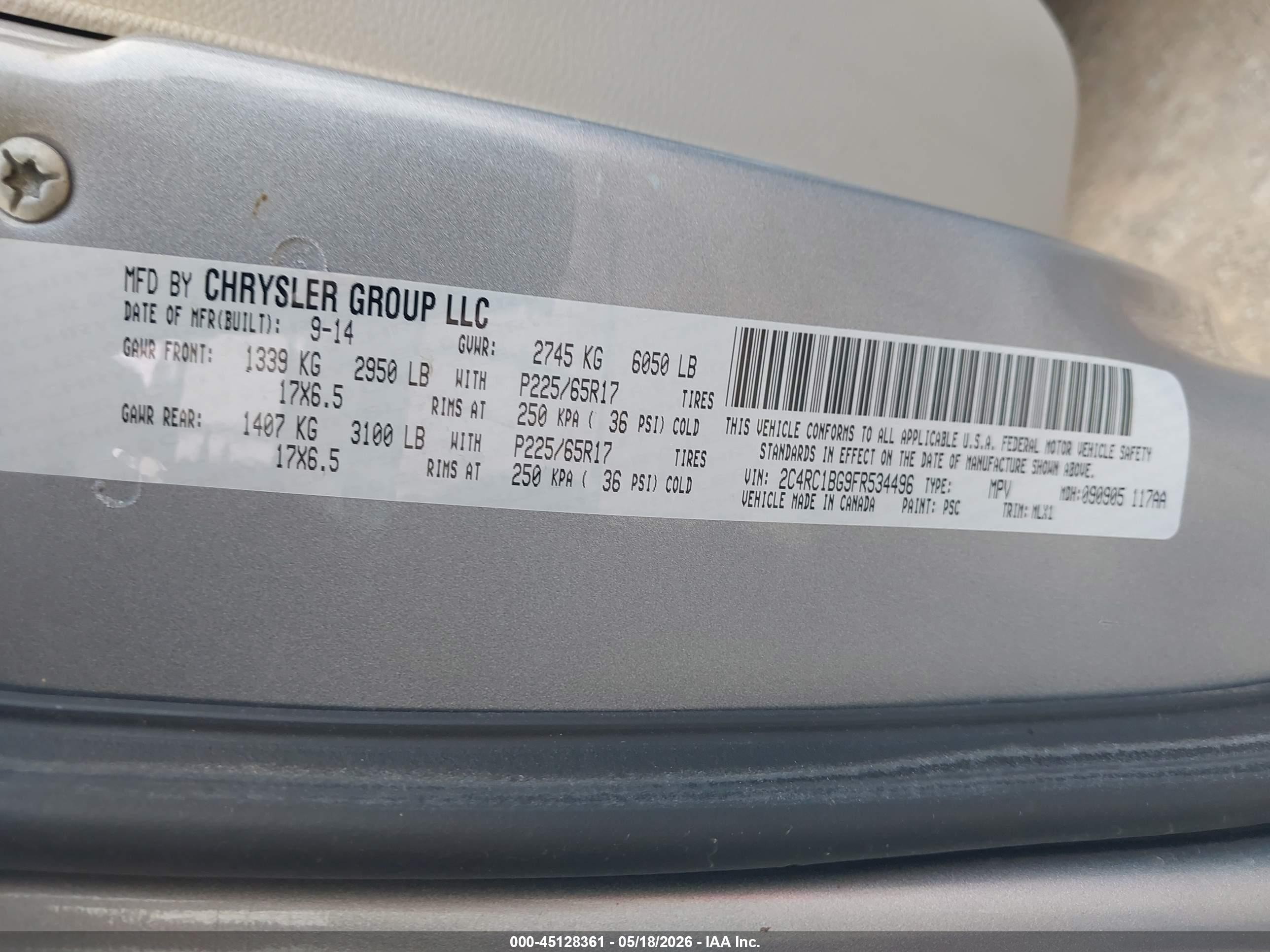 2015 Chrysler Town & Country Touring Silver vin: 2C4RC1BG9FR534496