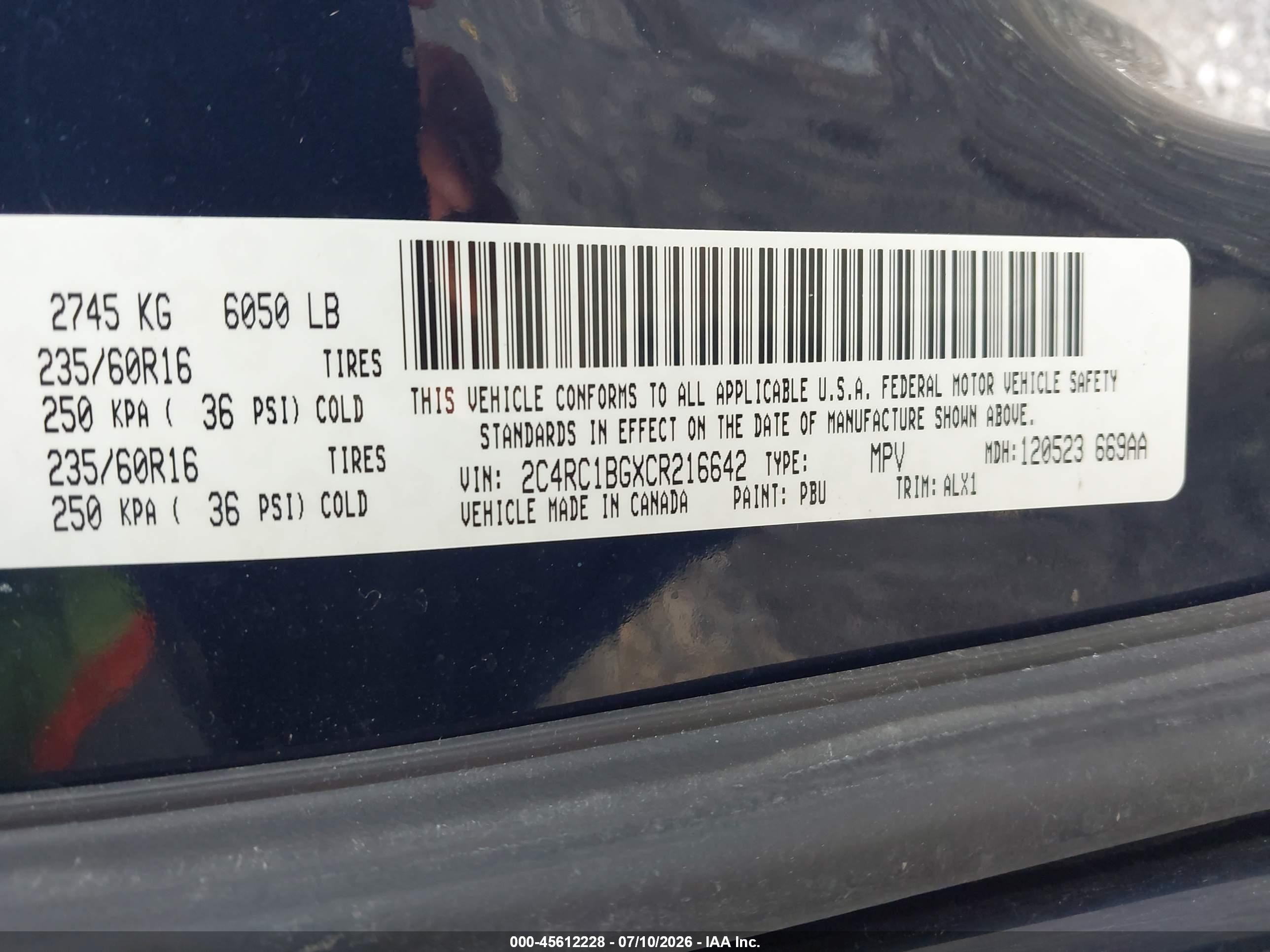 2012 Chrysler Town & Country Touring Blue vin: 2C4RC1BGXCR216642