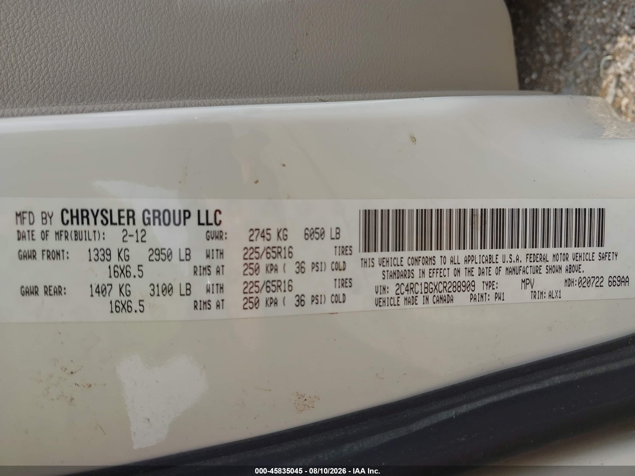 2012 Chrysler Town & Country Touring White vin: 2C4RC1BGXCR288909