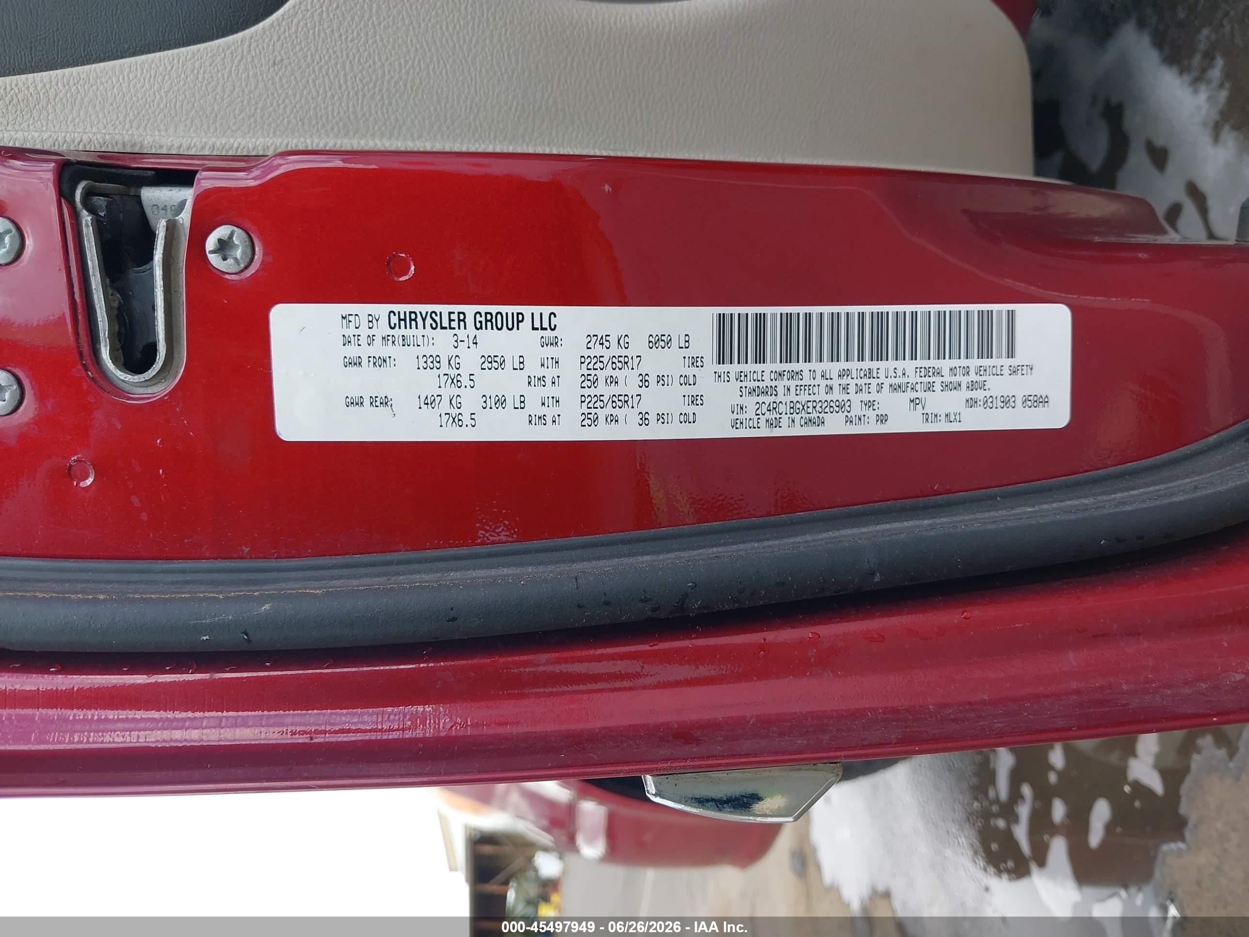 2014 Chrysler Town & Country Touring Red vin: 2C4RC1BGXER326903