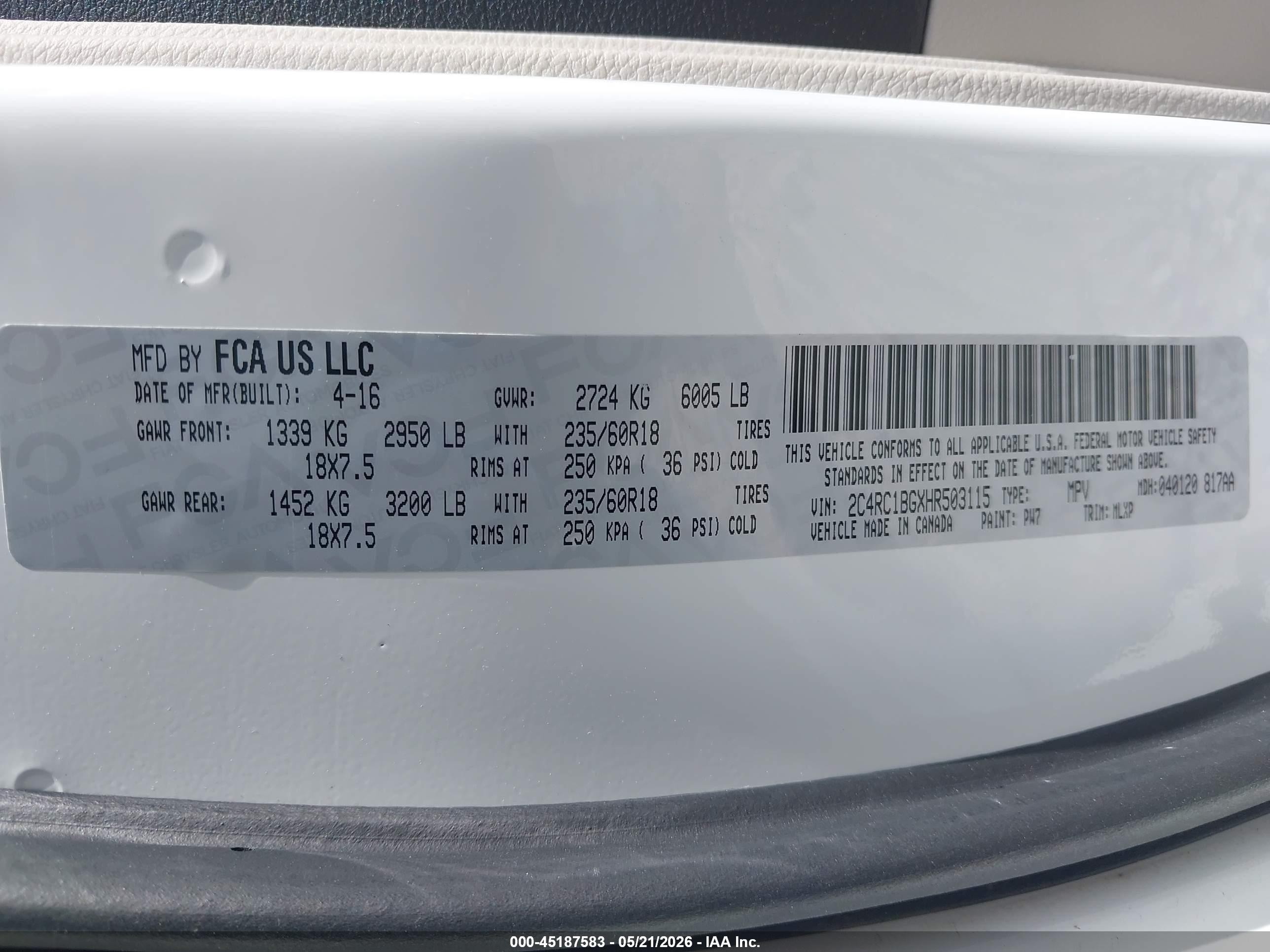 2017 Chrysler Pacifica Touring-l White vin: 2C4RC1BGXHR503115