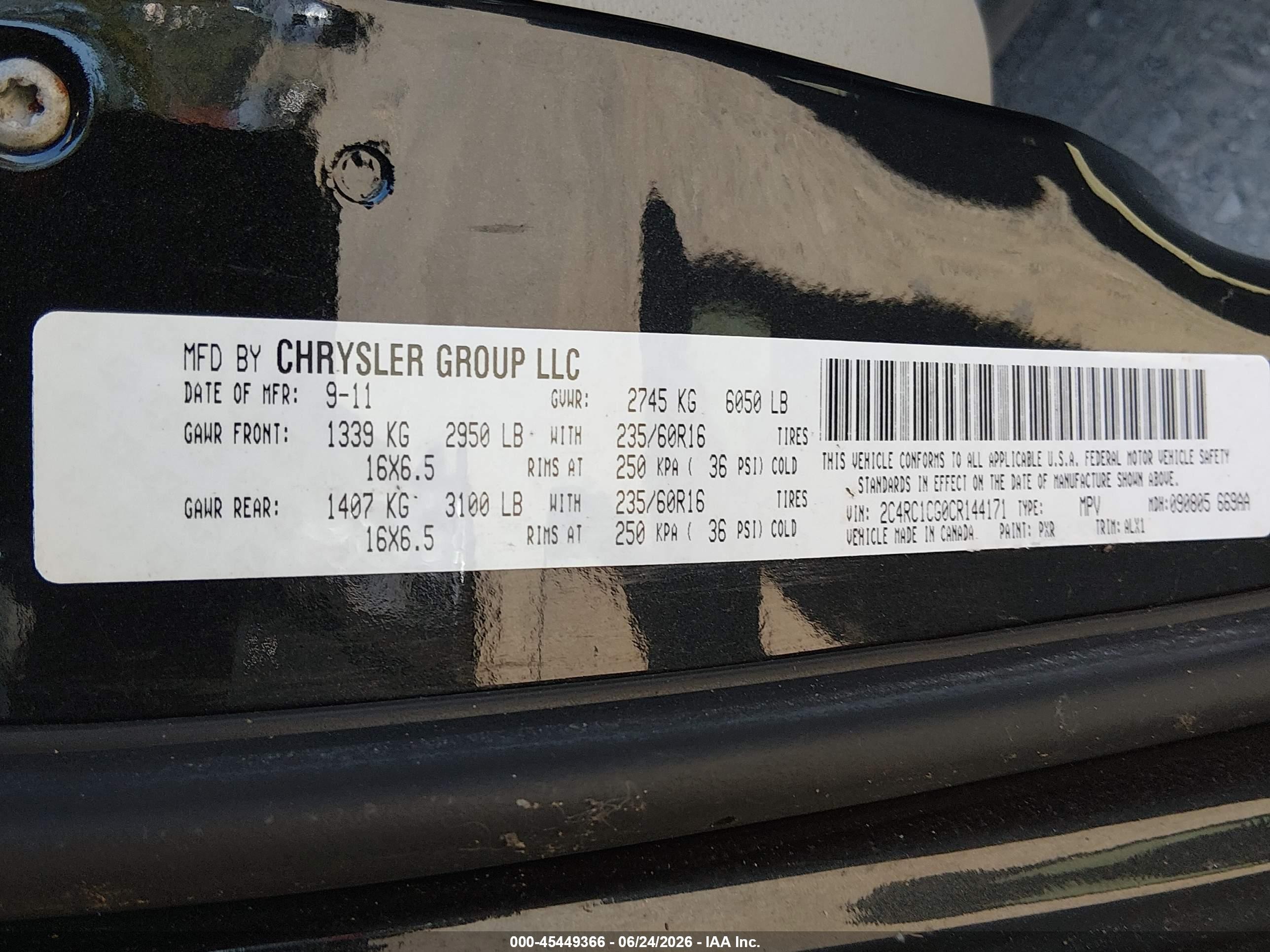 2012 Chrysler Town & Country Touring-l Black vin: 2C4RC1CG0CR144171