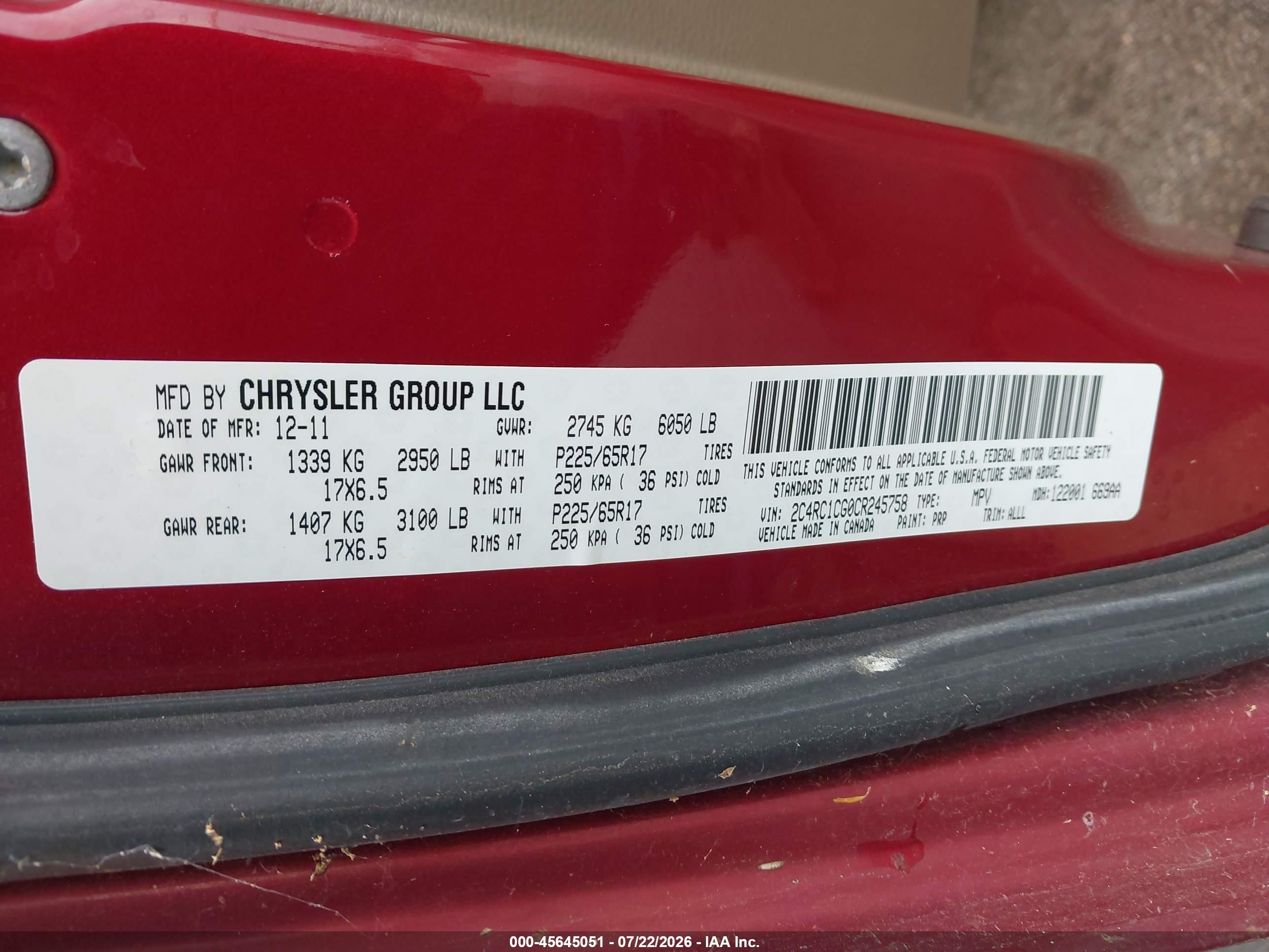 2012 Chrysler Town & Country Touring-l Темно-бордовый vin: 2C4RC1CG0CR245758