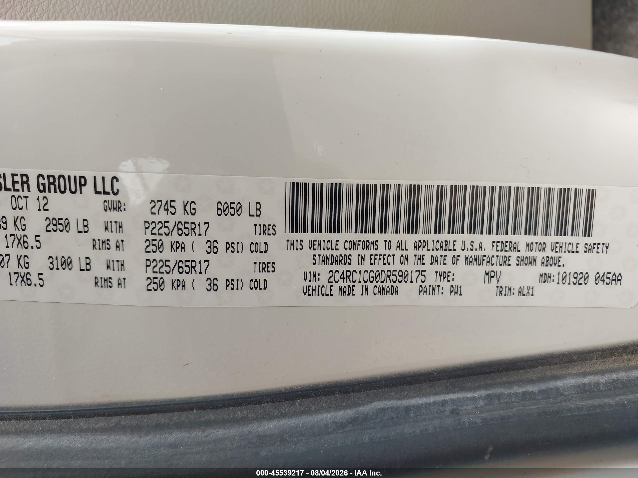 2013 Chrysler Town & Country Touring-l White vin: 2C4RC1CG0DR590175