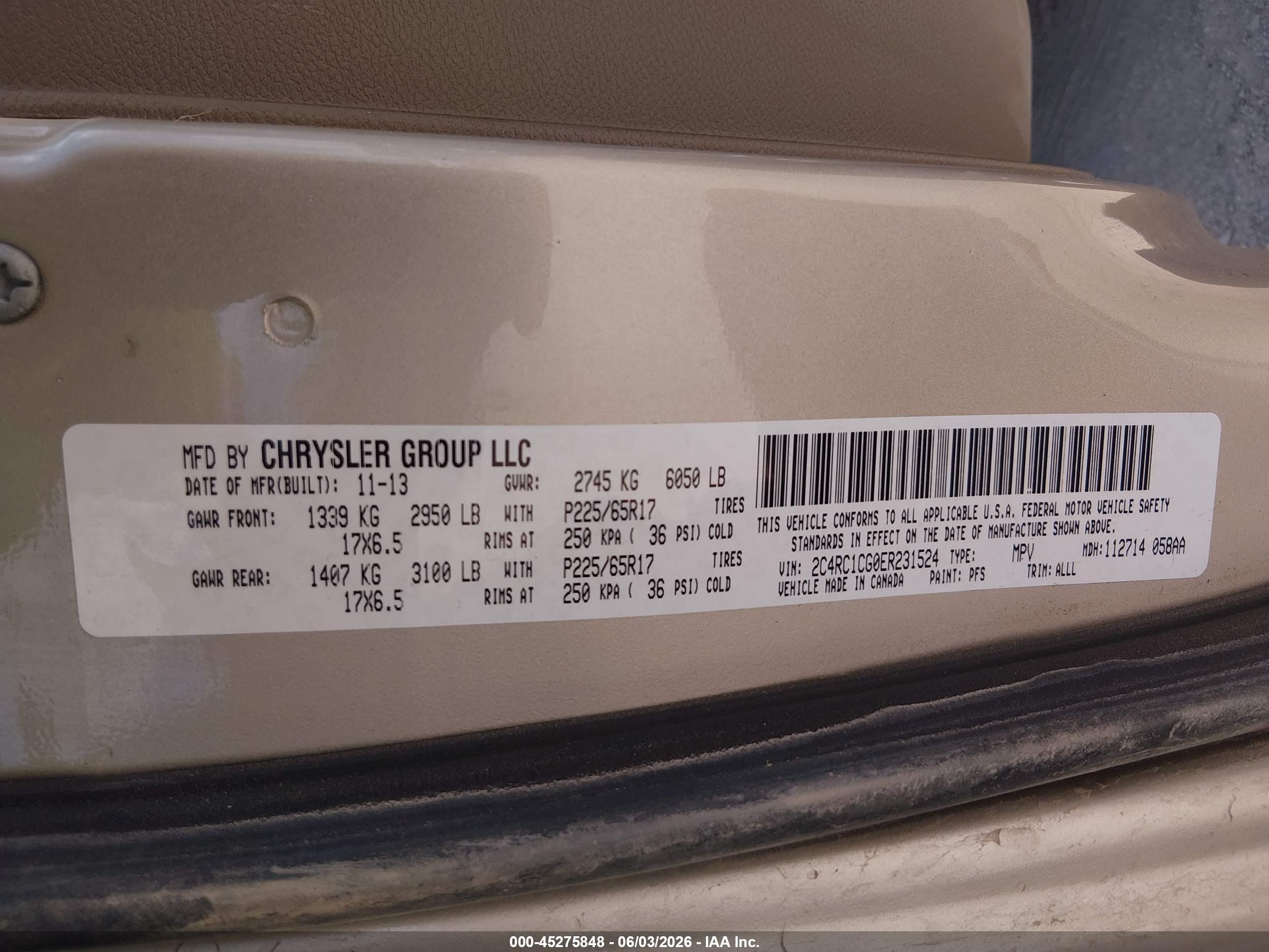 2014 Chrysler Town & Country Touring-l Tan vin: 2C4RC1CG0ER231524
