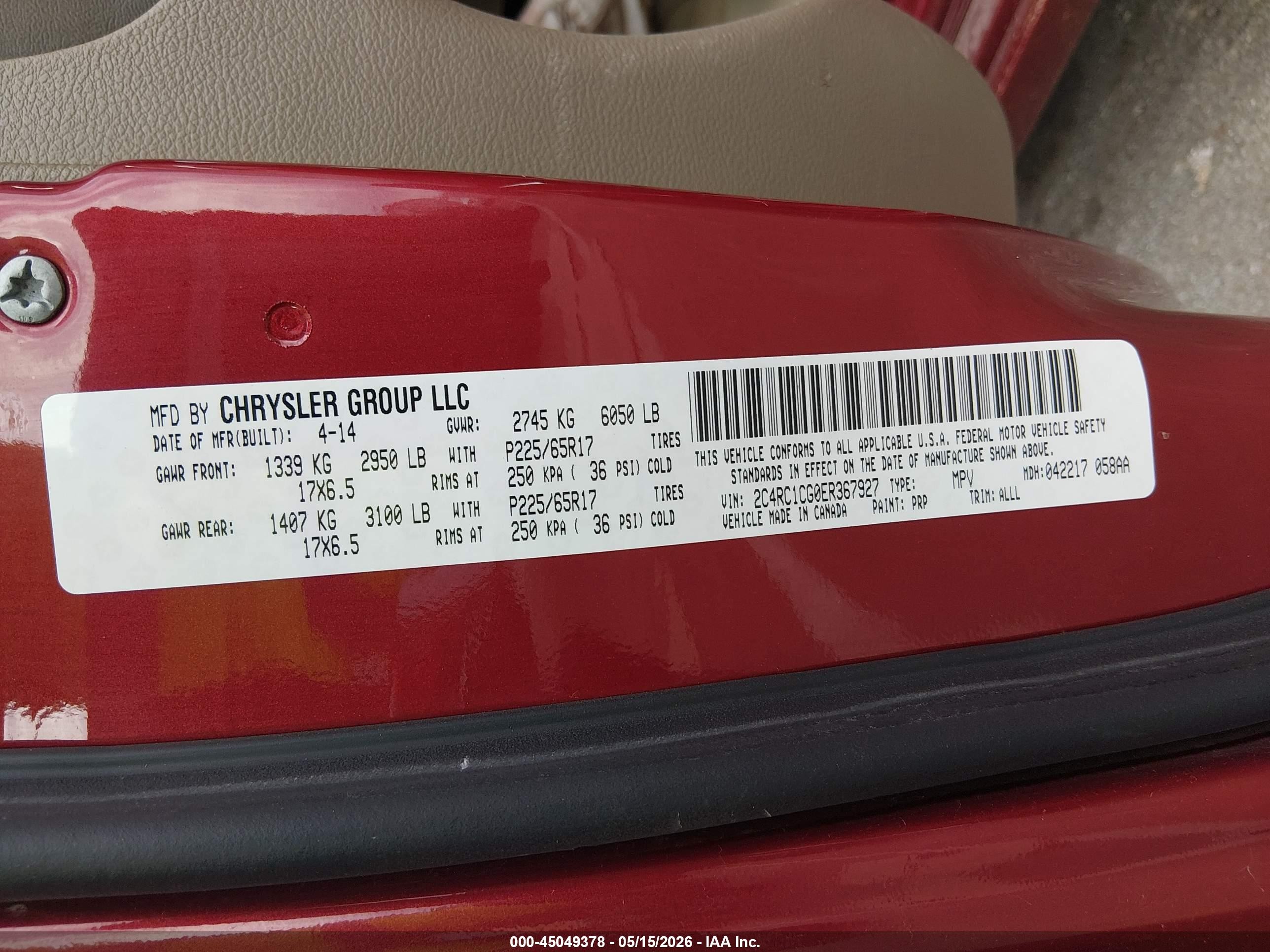 2014 Chrysler Town & Country Touring-l Red vin: 2C4RC1CG0ER367927