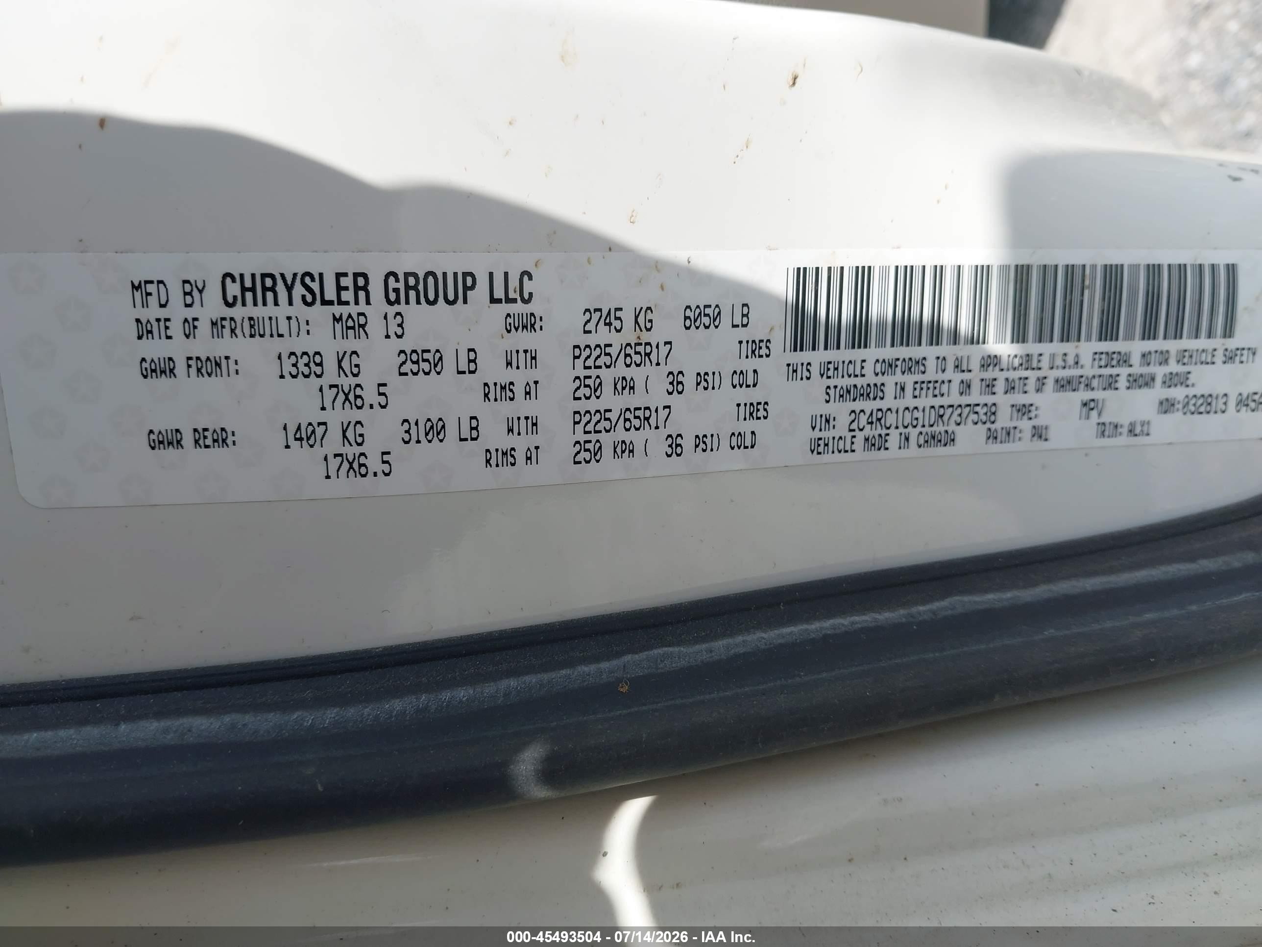 2013 Chrysler Town & Country Touring-l White vin: 2C4RC1CG1DR737538