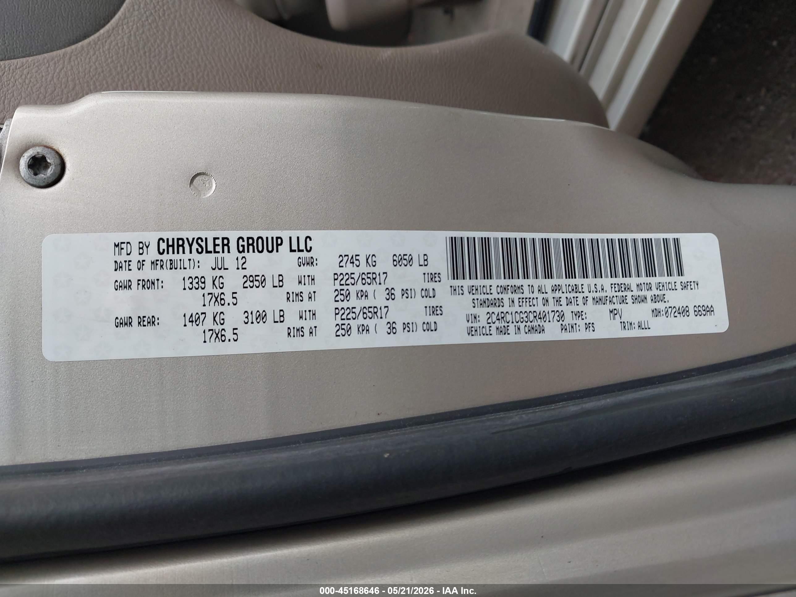 2012 Chrysler Town & Country Touring-l Gold vin: 2C4RC1CG3CR401730