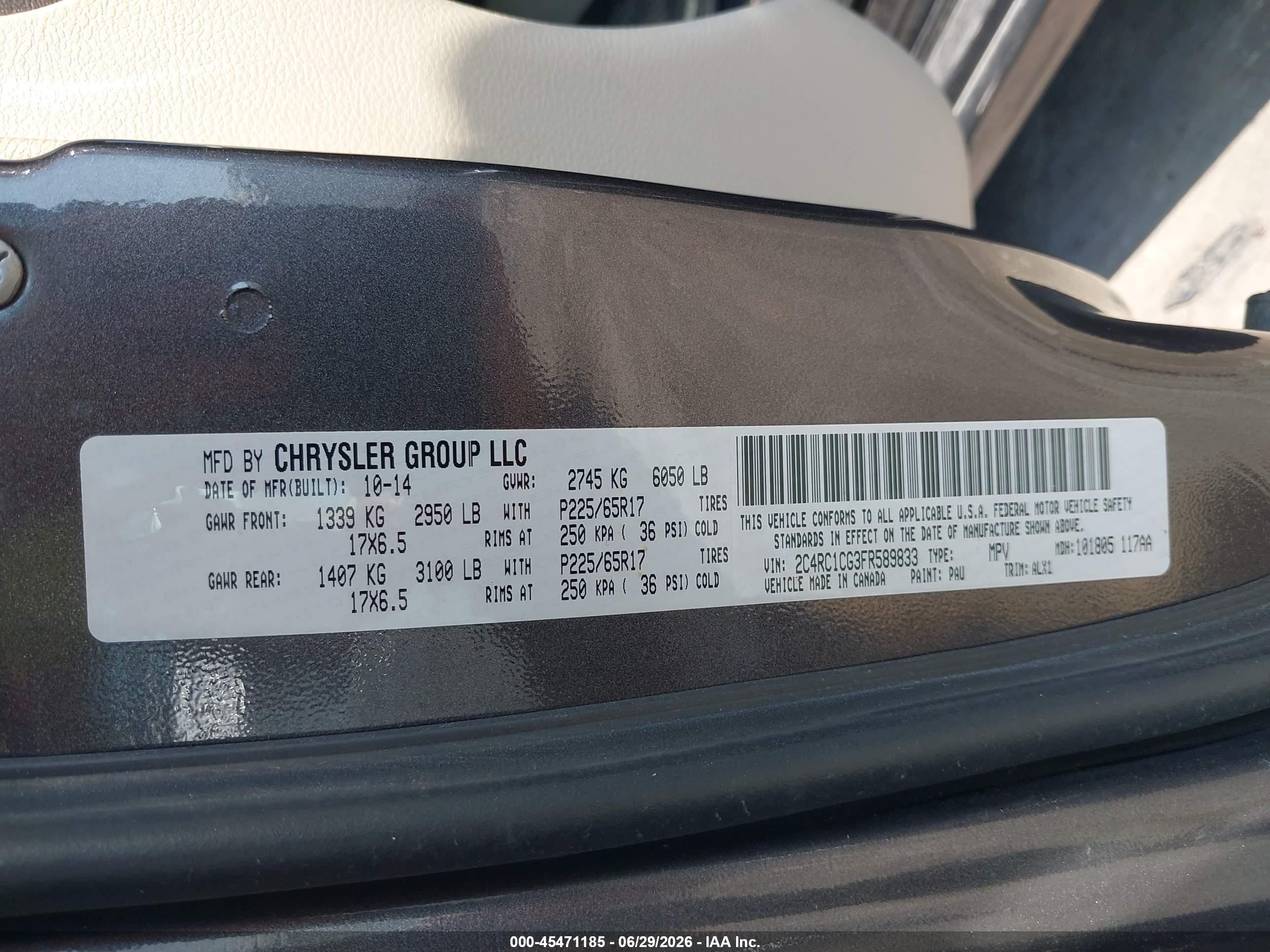 2015 Chrysler Town & Country Touring-l Gray vin: 2C4RC1CG3FR589833