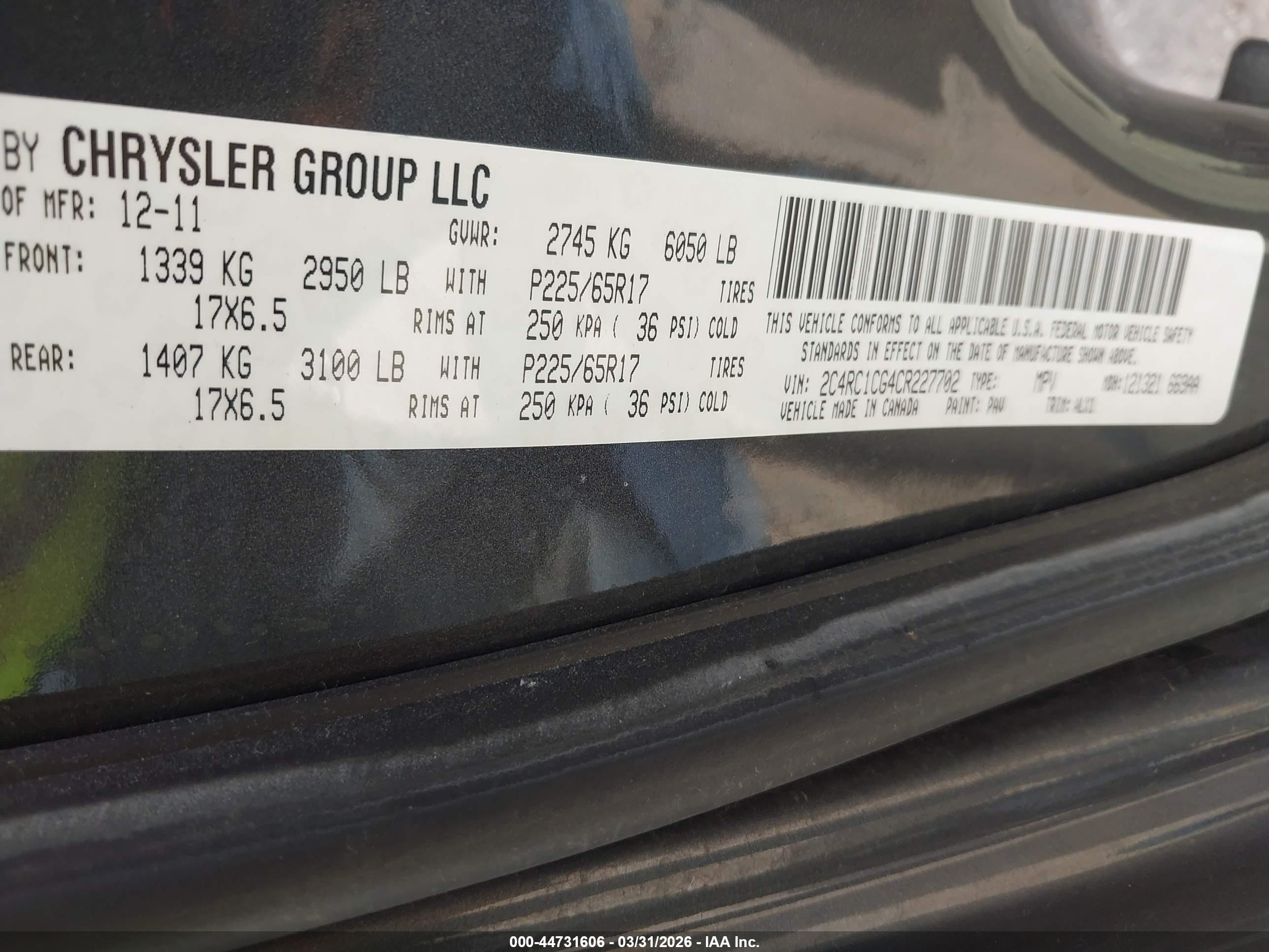 2012 Chrysler Town & Country Touring-l Gray vin: 2C4RC1CG4CR227702