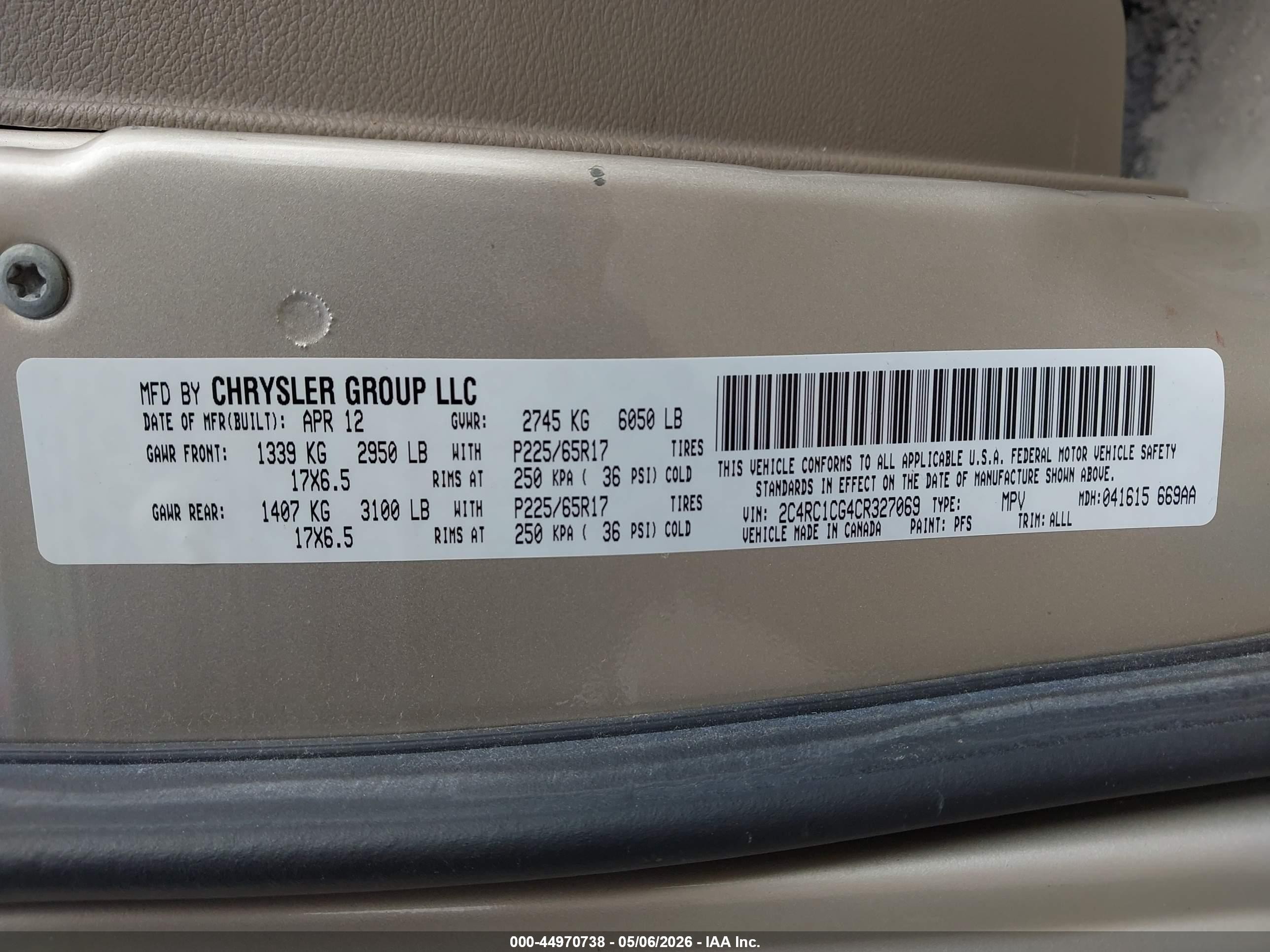 2012 Chrysler Town & Country Touring-l Бежевый vin: 2C4RC1CG4CR327069