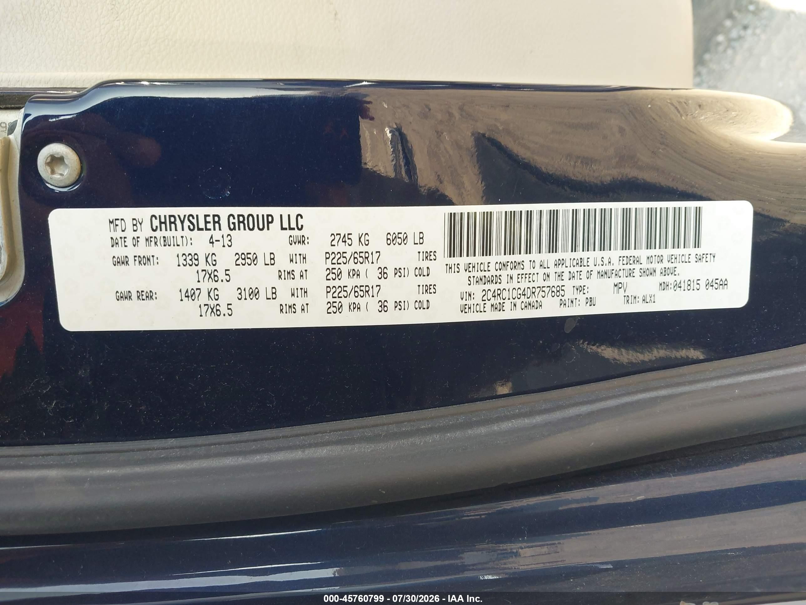 2013 Chrysler Town & Country Touring-l Dark Blue vin: 2C4RC1CG4DR757685