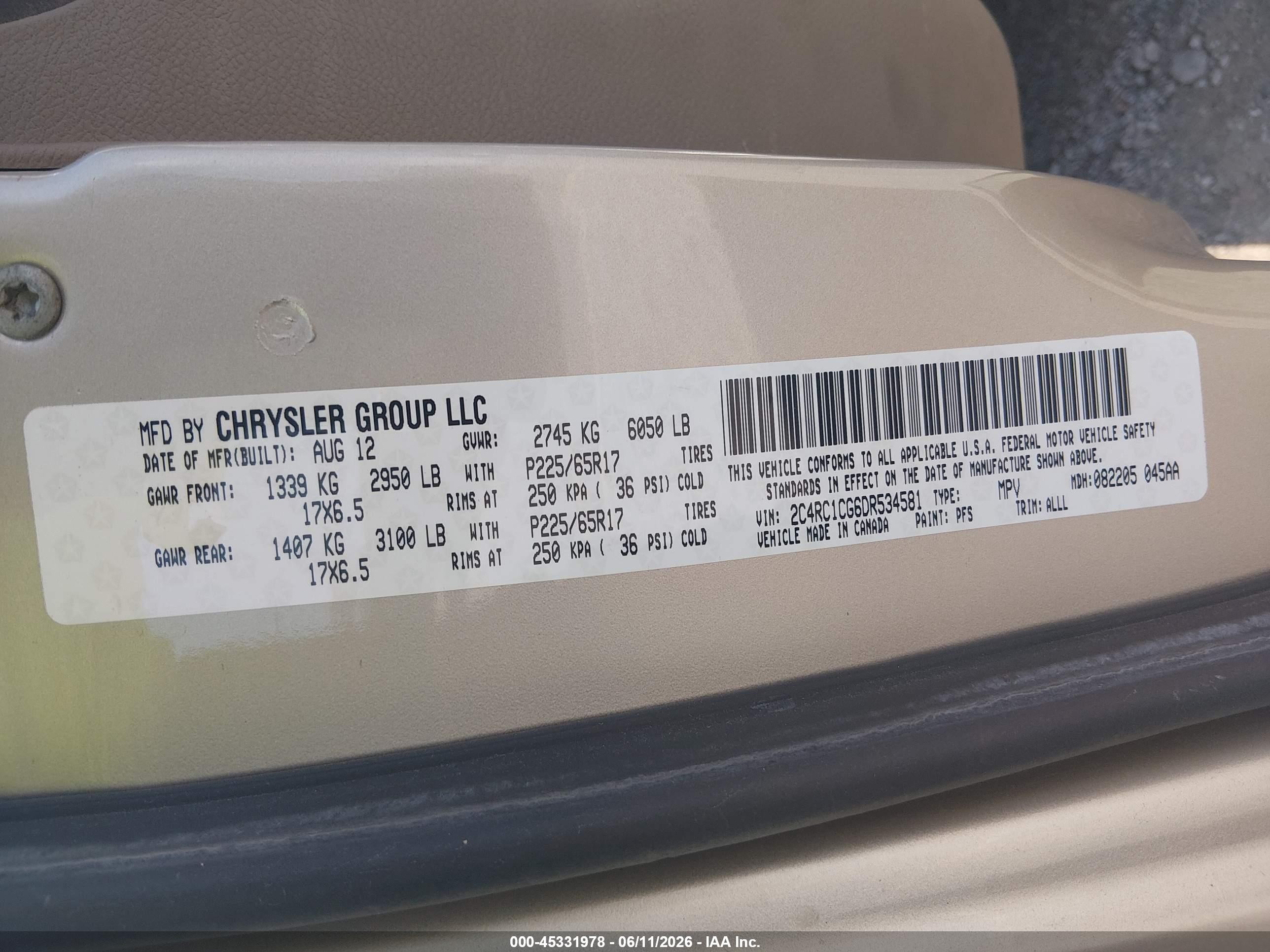 2013 Chrysler Town & Country Touring-l Tan vin: 2C4RC1CG6DR534581