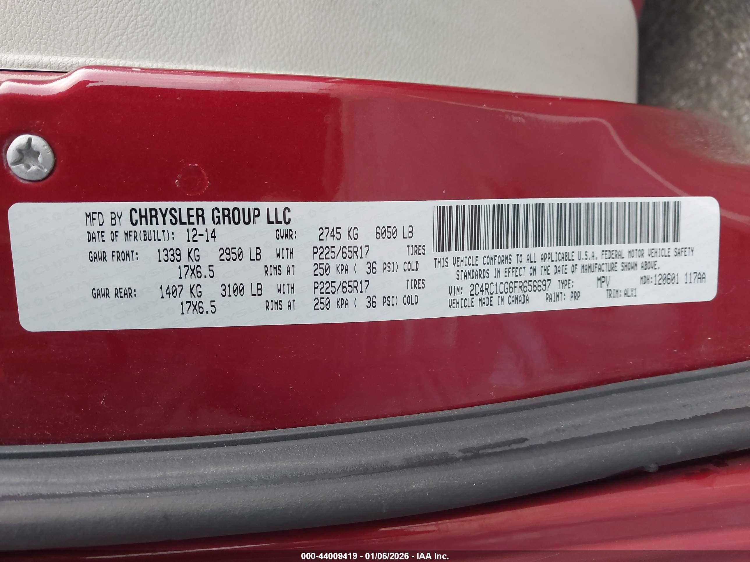 2015 Chrysler Town & Country Touring-l Red vin: 2C4RC1CG6FR656697