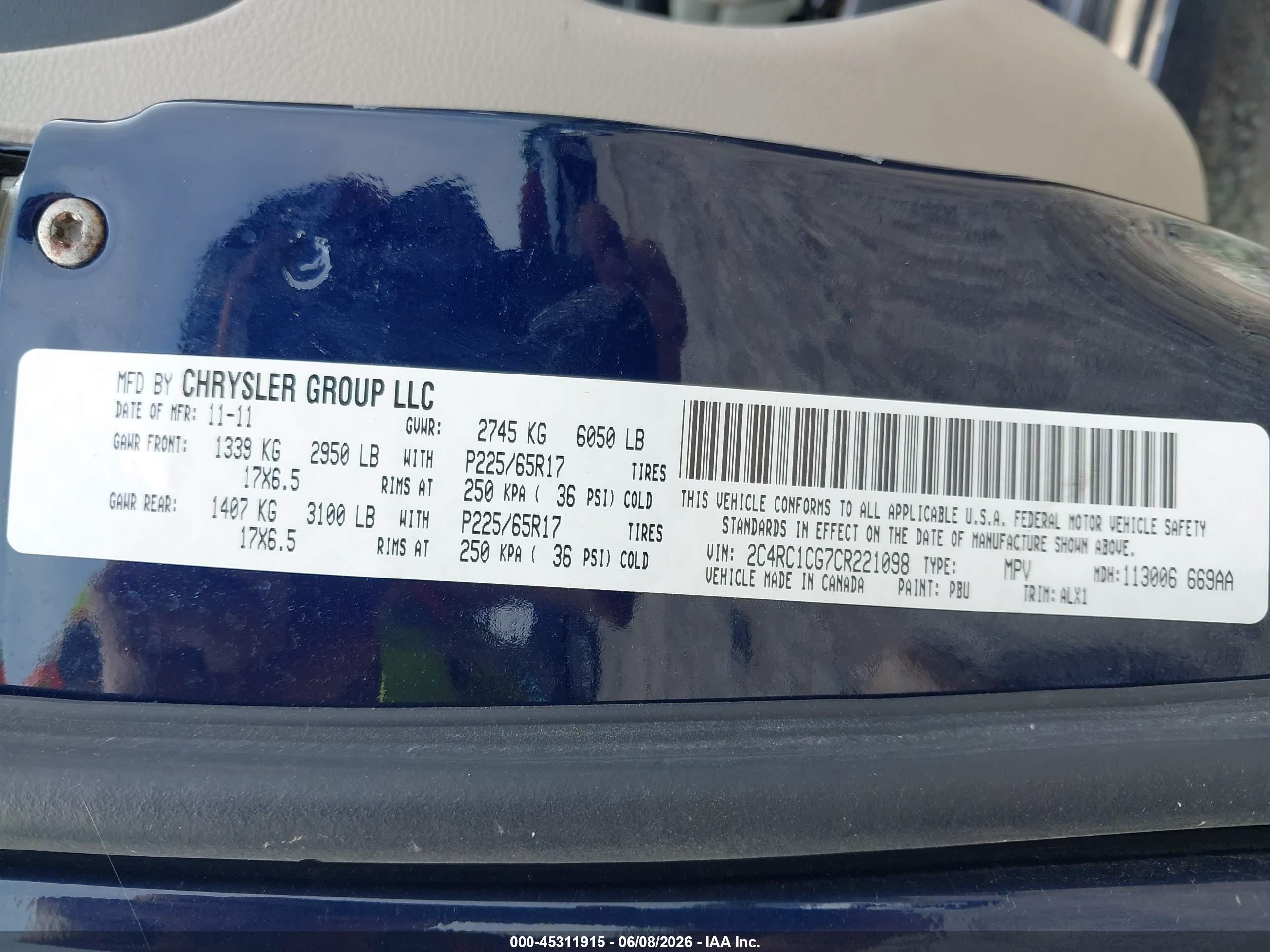 2012 Chrysler Town & Country Touring-l Blue vin: 2C4RC1CG7CR221098
