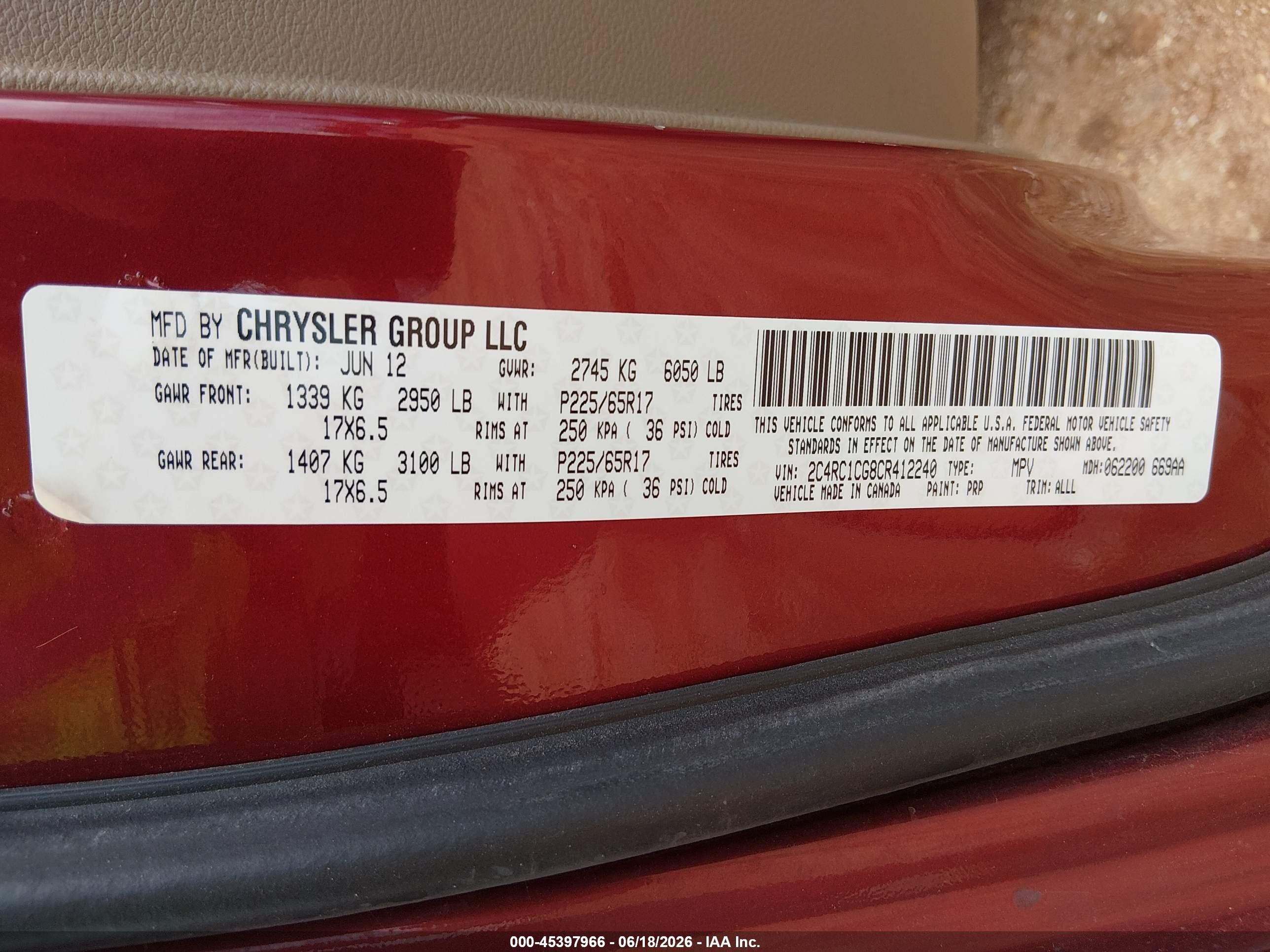2012 Chrysler Town & Country Touring-l Red vin: 2C4RC1CG8CR412240