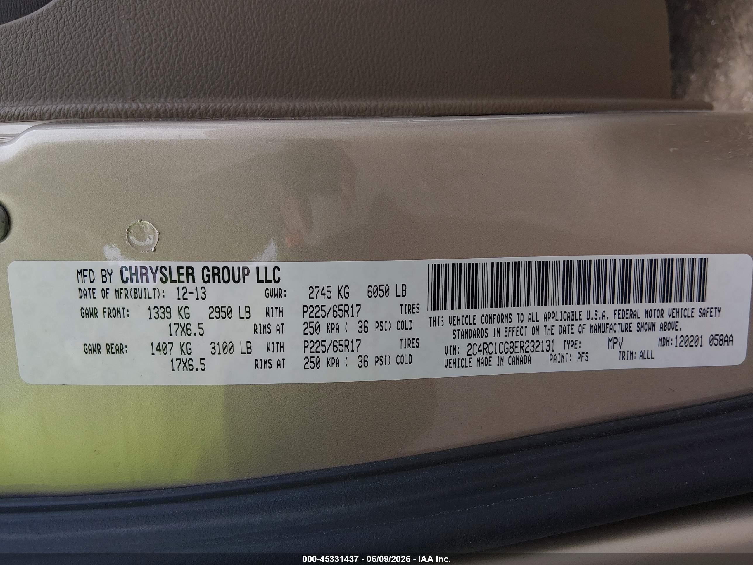 2014 Chrysler Town & Country Touring-l Champagne vin: 2C4RC1CG8ER232131