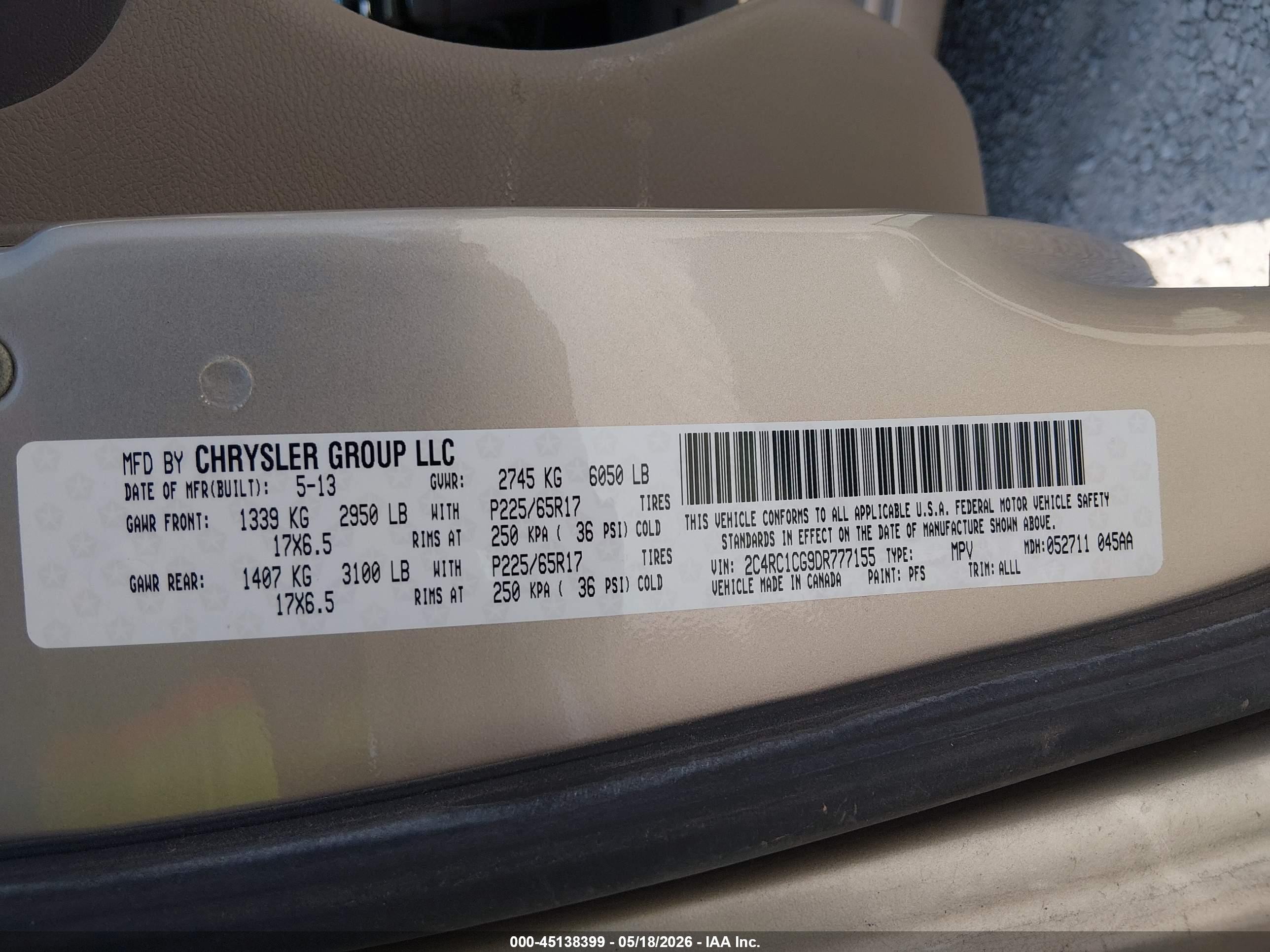 2013 Chrysler Town & Country Touring-l Beige vin: 2C4RC1CG9DR777155