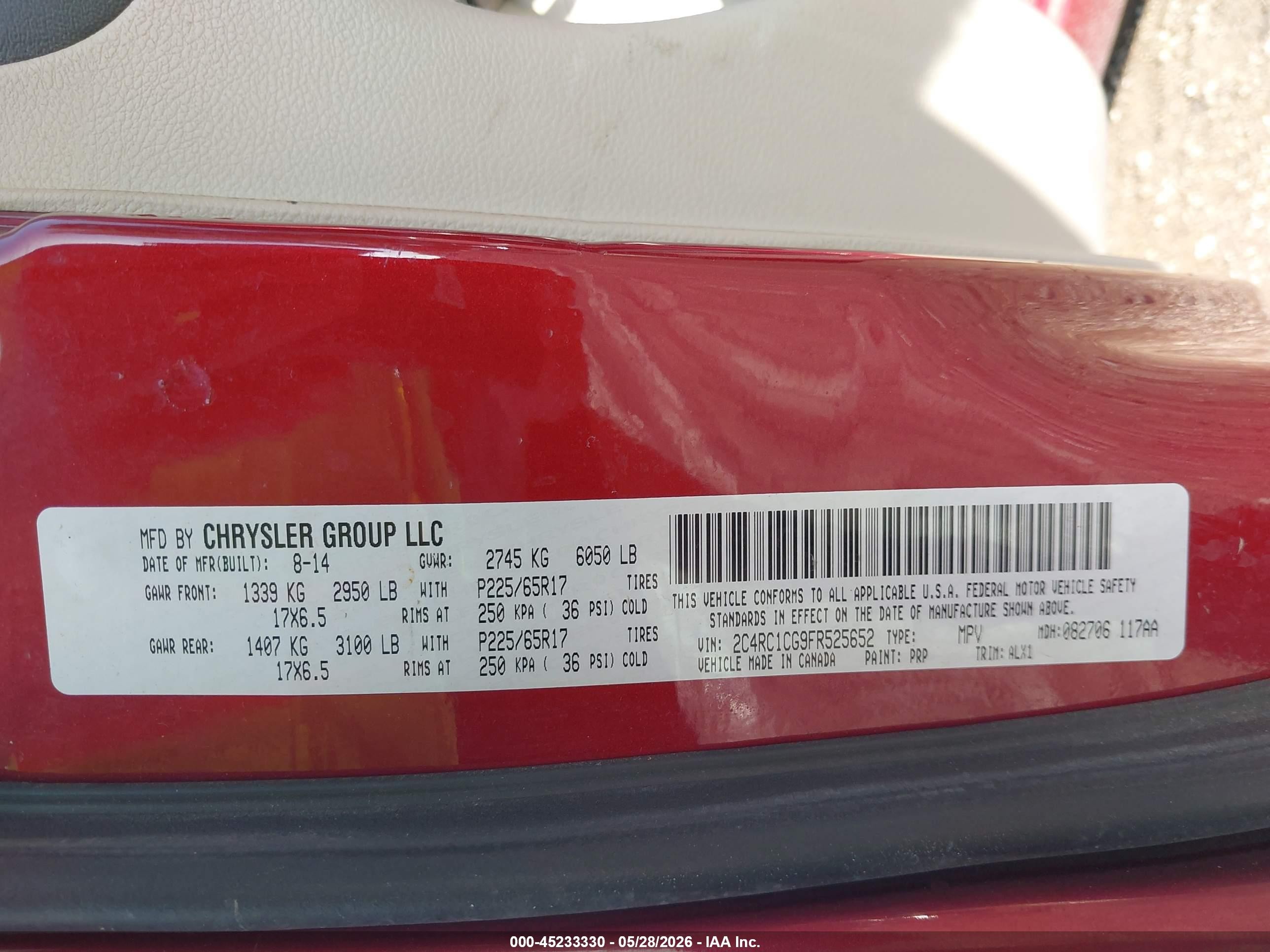 2015 Chrysler Town & Country Touring-l Red vin: 2C4RC1CG9FR525652