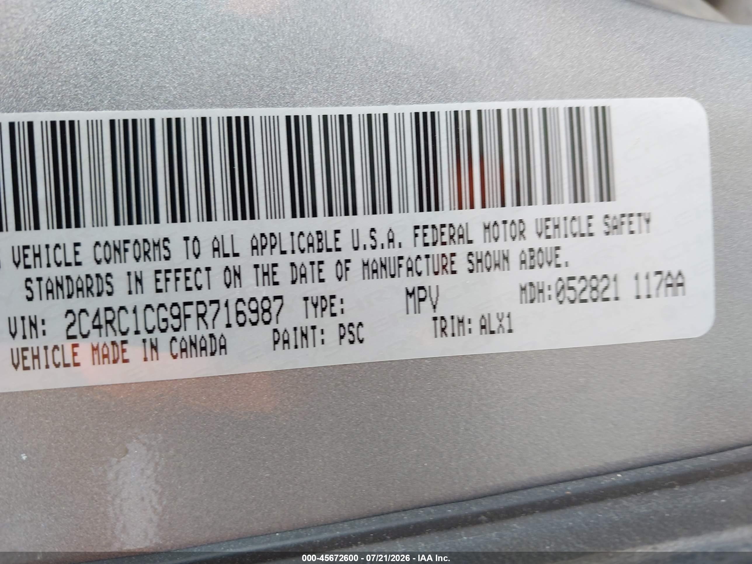 2015 Chrysler Town & Country Touring-l Silver vin: 2C4RC1CG9FR716987