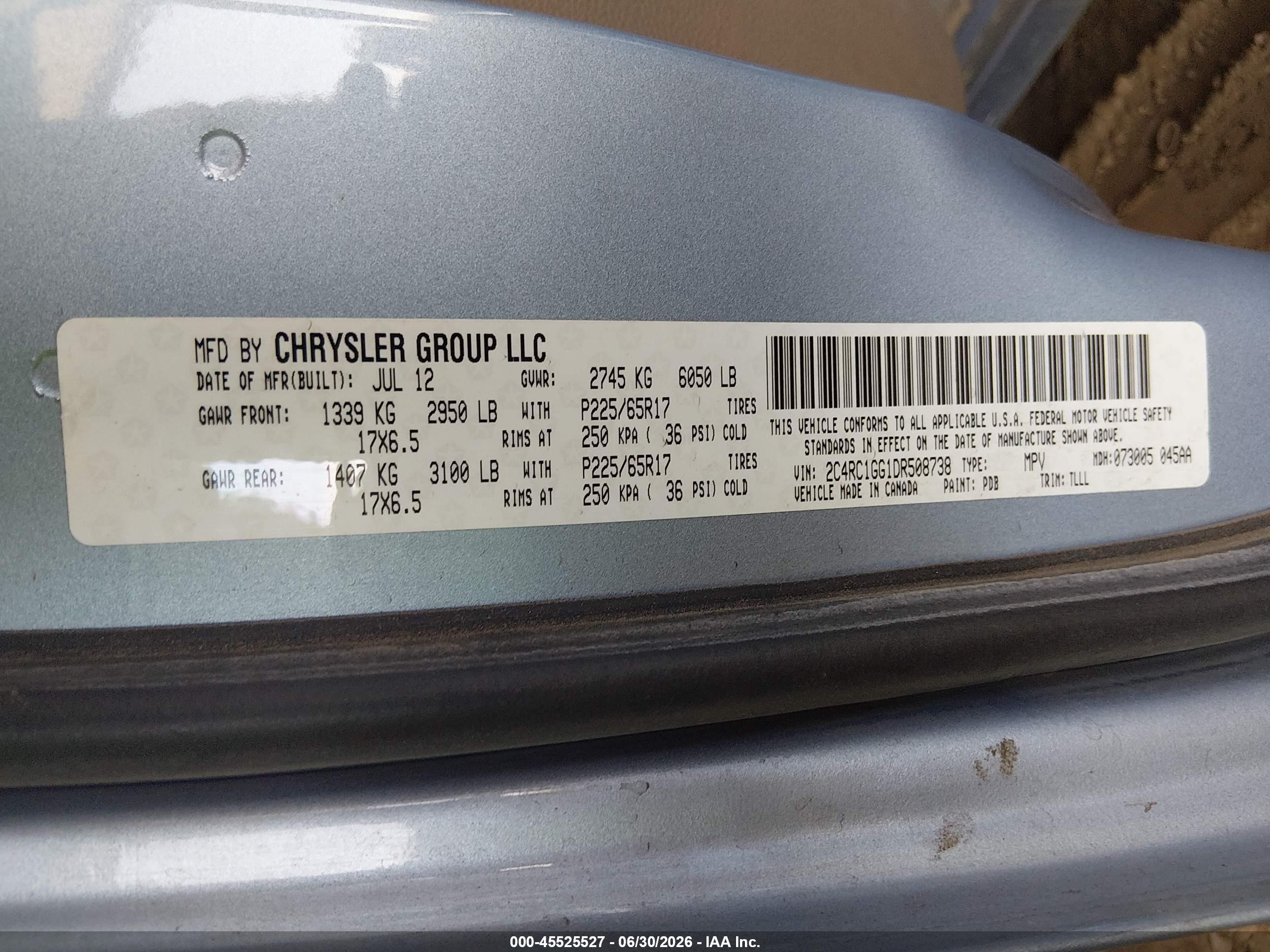 2013 Chrysler Town & Country Limited Light Blue vin: 2C4RC1GG1DR508738