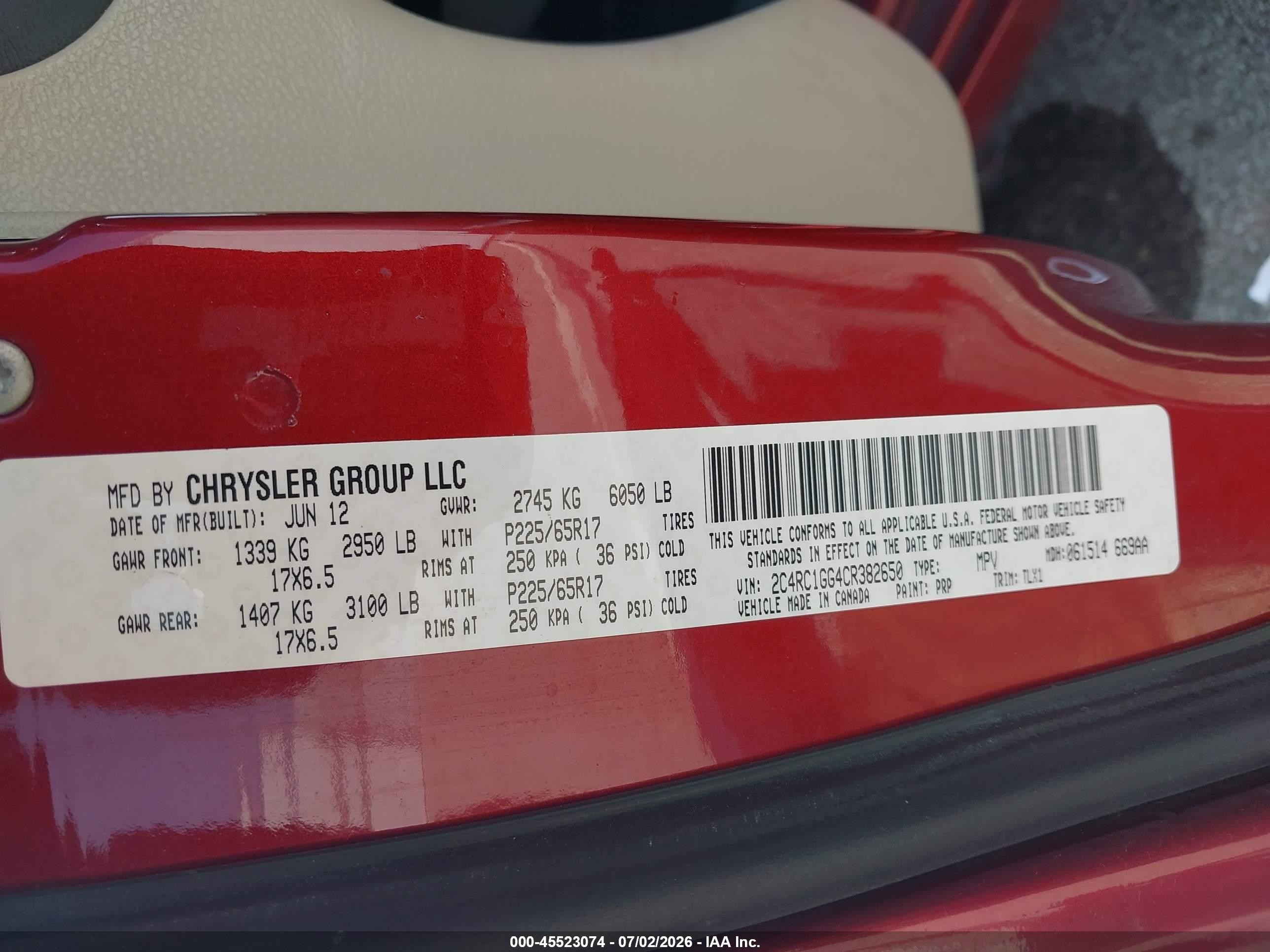 2012 Chrysler Town & Country Limited Red vin: 2C4RC1GG4CR382650