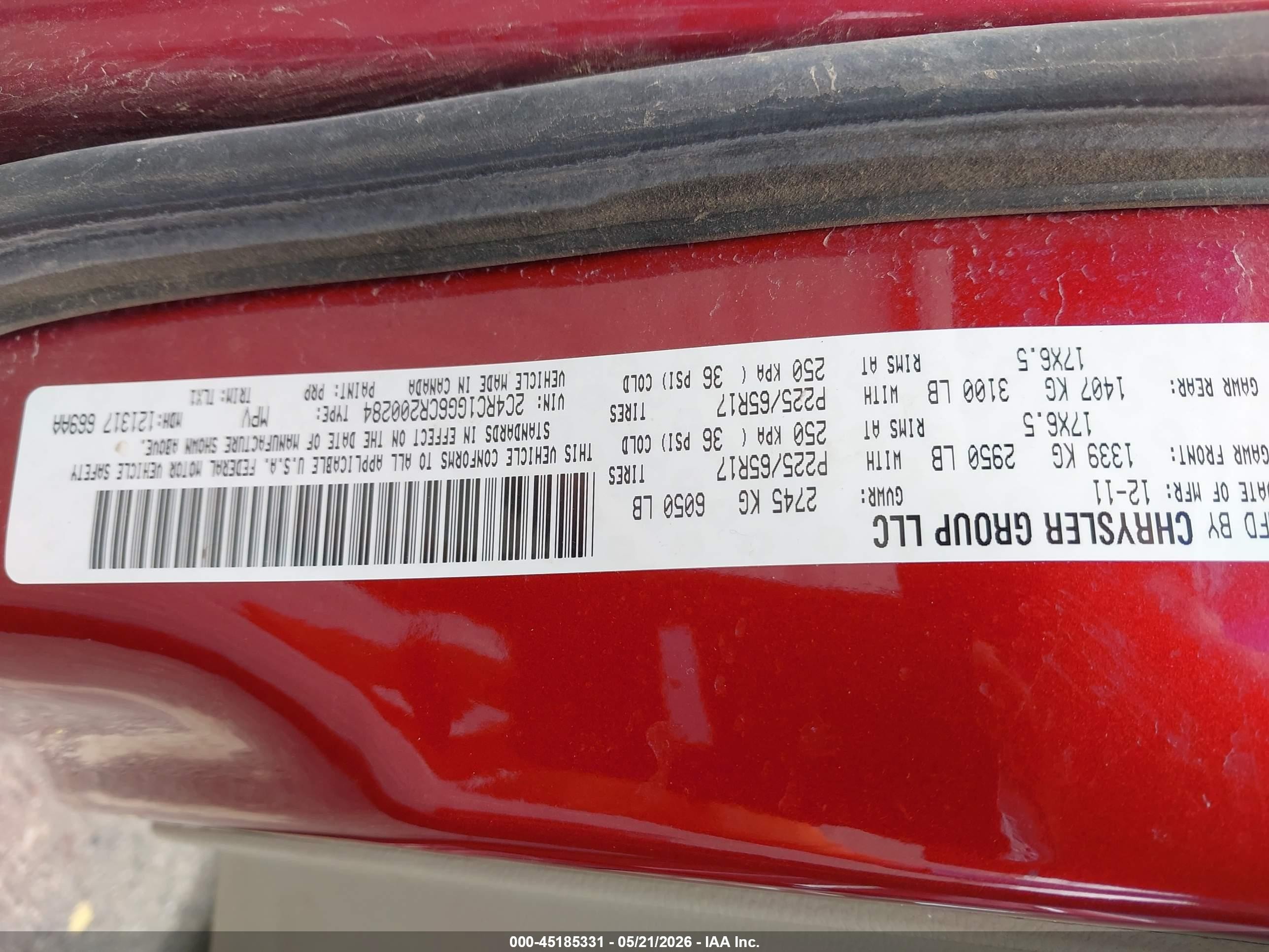 2012 Chrysler Town & Country Limited Red vin: 2C4RC1GG6CR200284