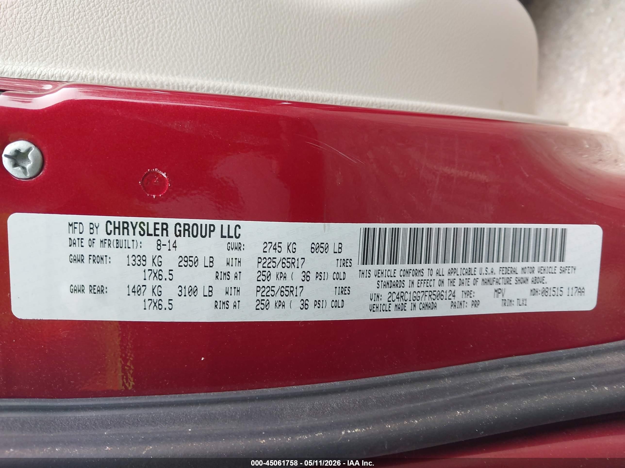 2015 Chrysler Town & Country Limited Platinum Red vin: 2C4RC1GG7FR506124