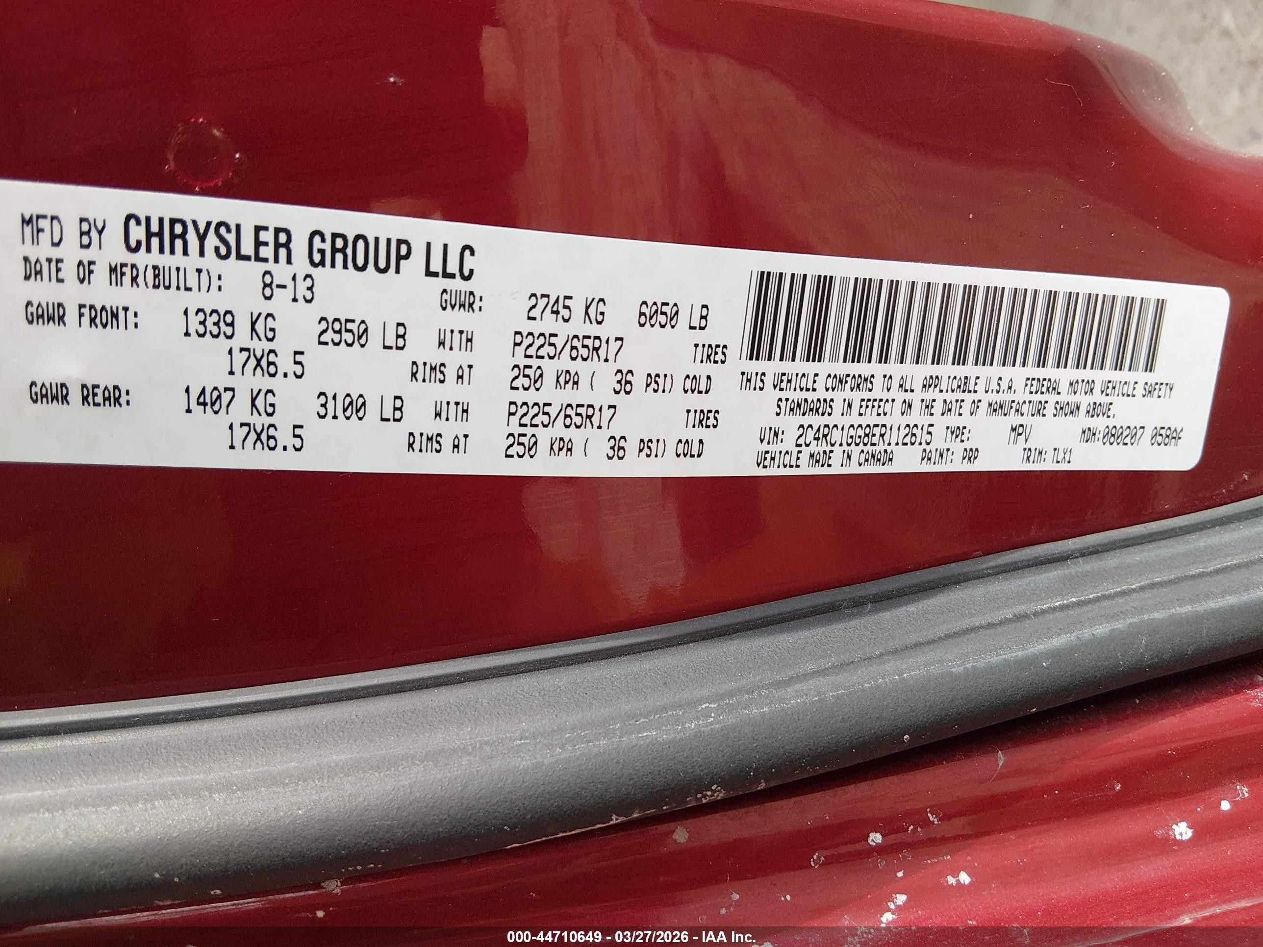 2014 Chrysler Town & Country Limited Red vin: 2C4RC1GG8ER112615