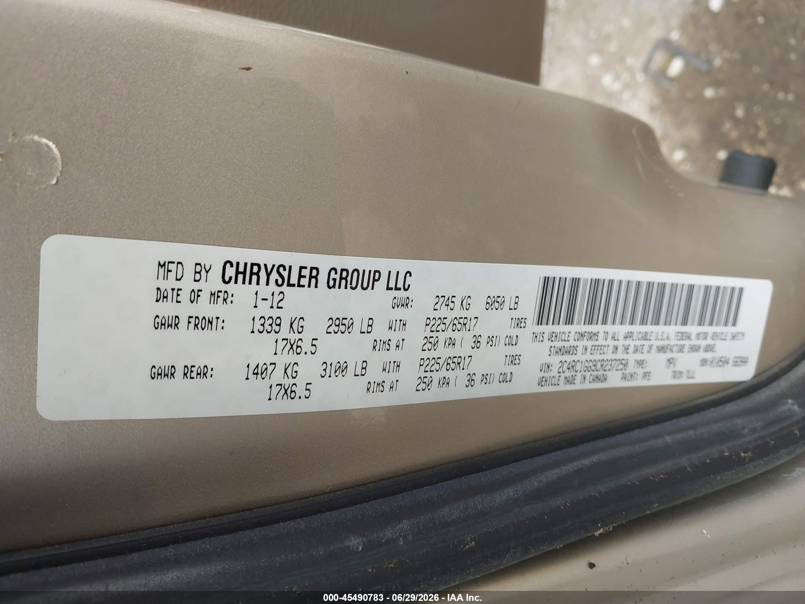 2012 Chrysler Town & Country Limited Gold vin: 2C4RC1GG9CR237250