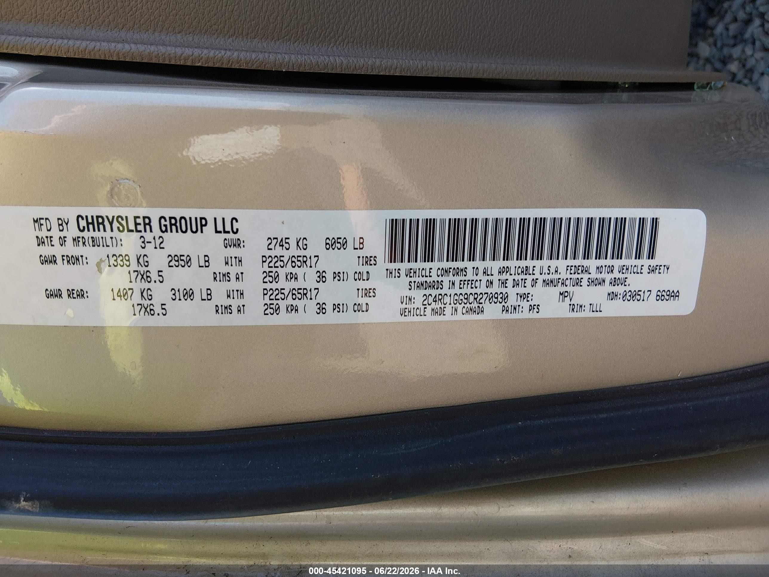 2012 Chrysler Town & Country Limited Gold vin: 2C4RC1GG9CR270930