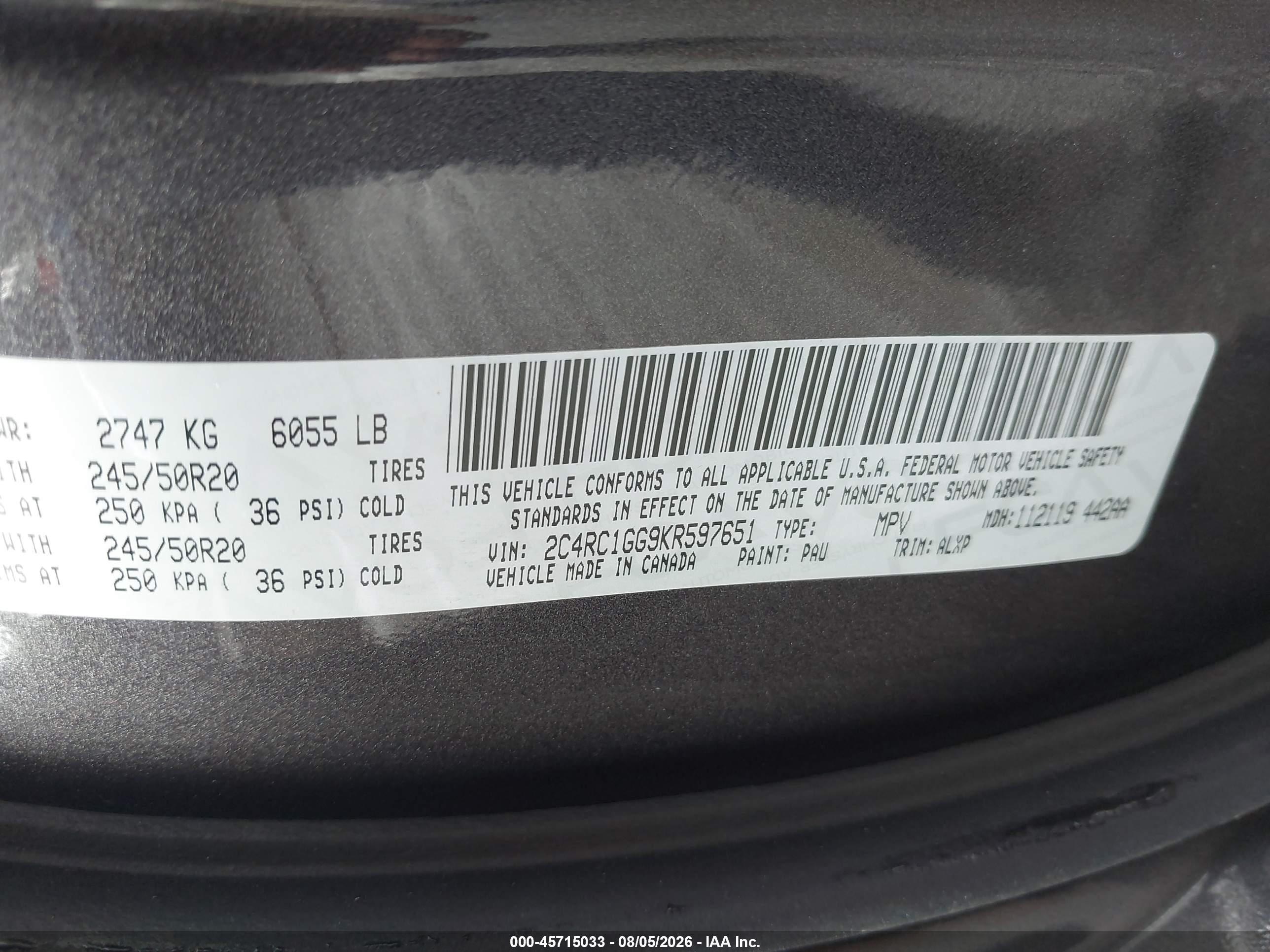 2019 Chrysler Pacifica Limited Gray vin: 2C4RC1GG9KR597651