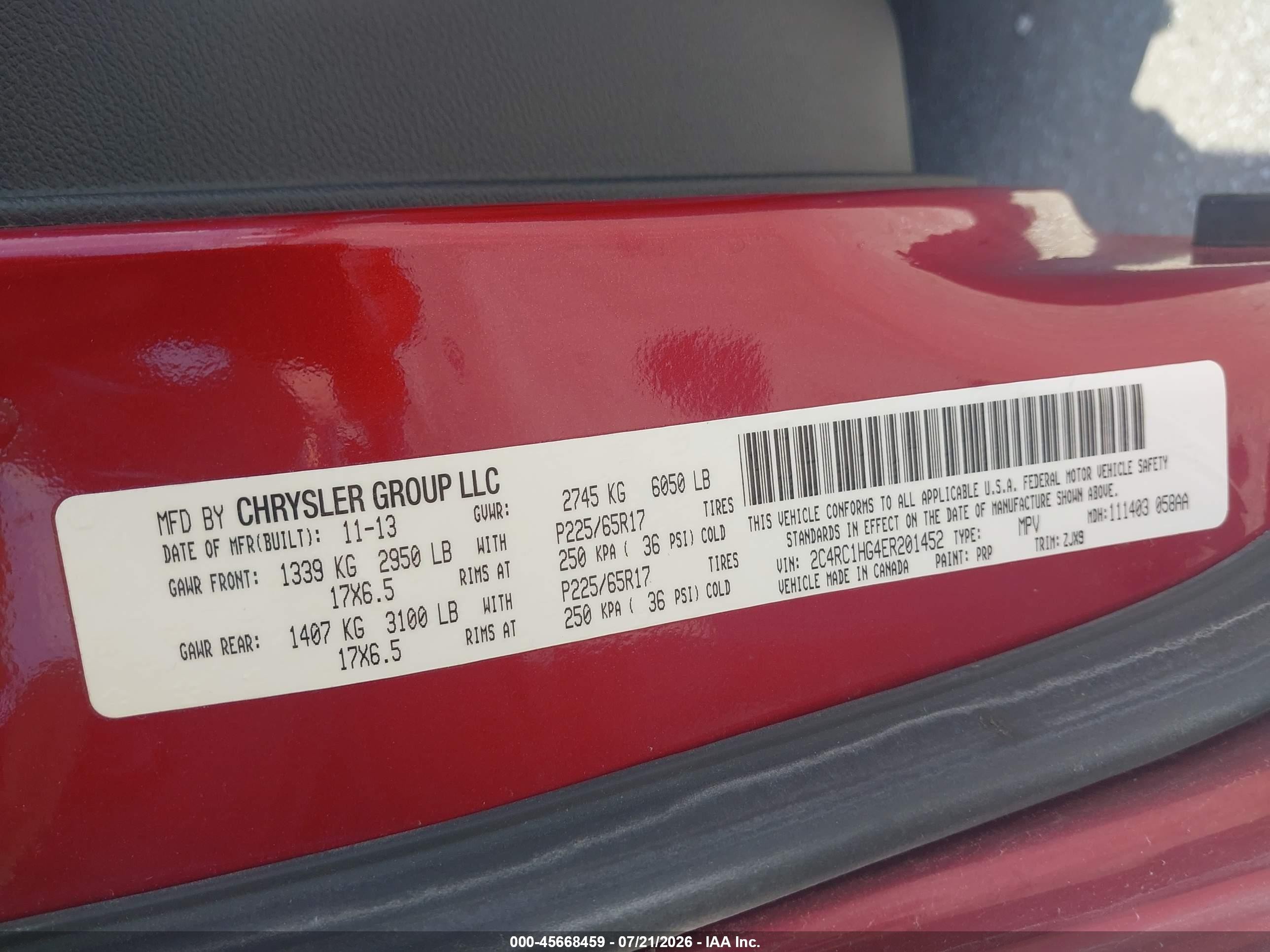 2014 Chrysler Town & Country S Red vin: 2C4RC1HG4ER201452