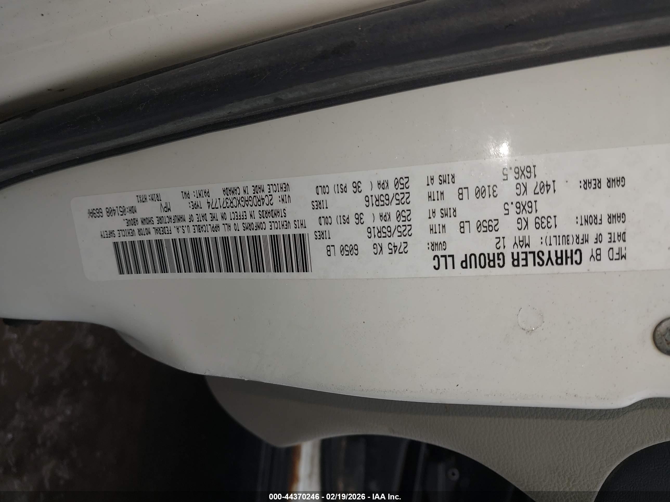2012 Ram Cargo C/v Белый vin: 2C4RDGAGXCR371774