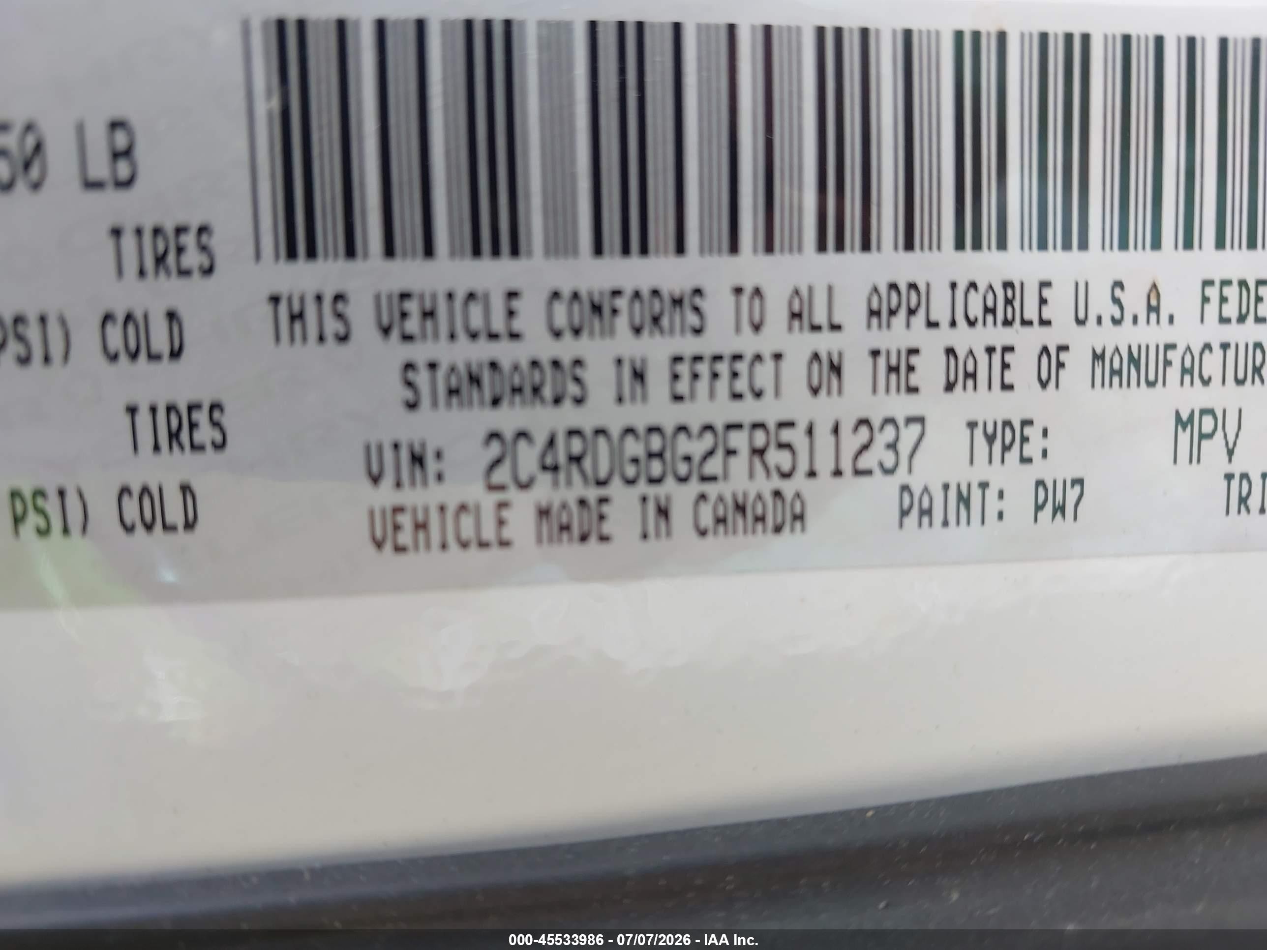 2015 Dodge Grand Caravan American Value Pkg Белый vin: 2C4RDGBG2FR511237