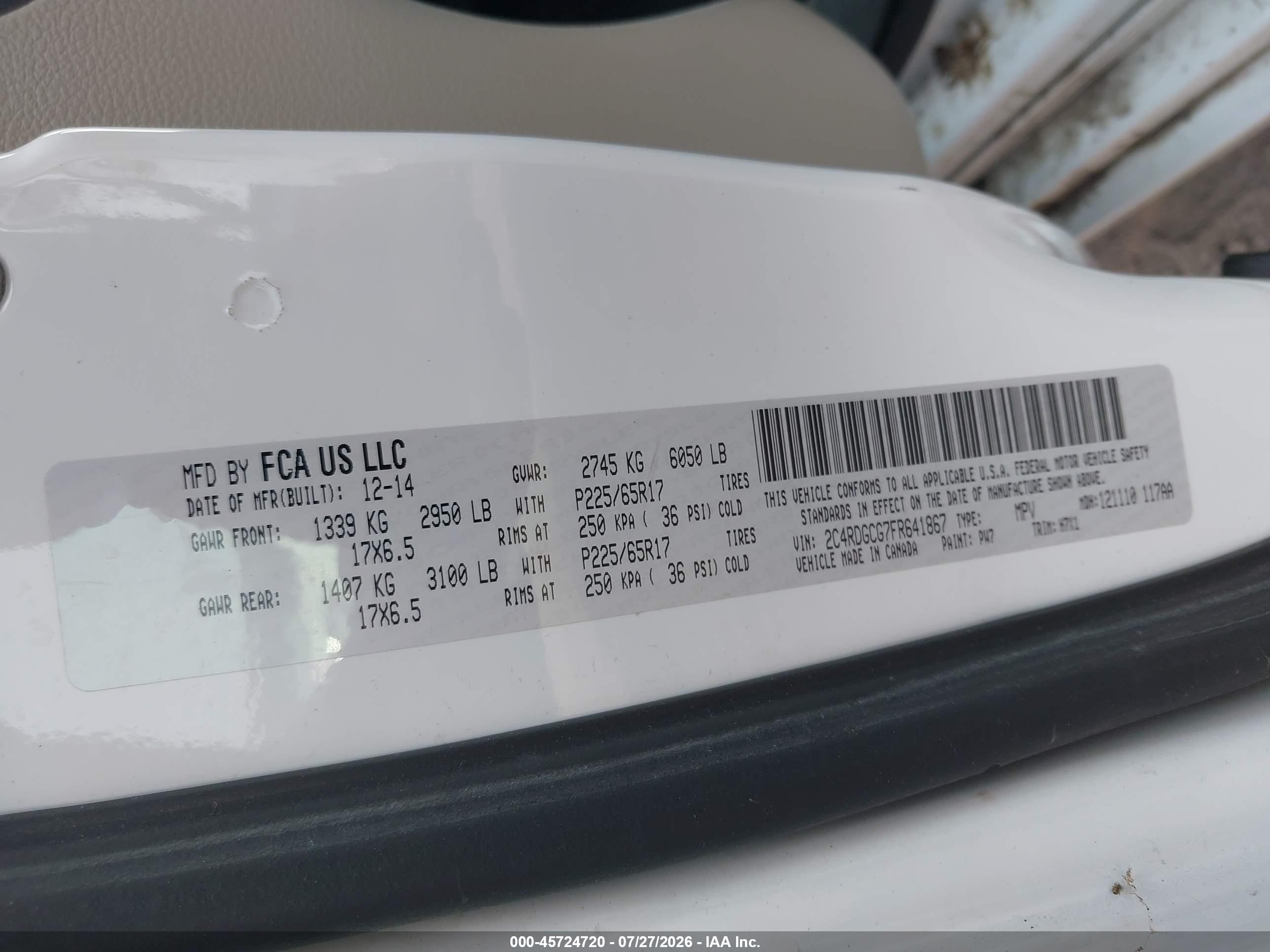 2015 Dodge Grand Caravan Sxt White vin: 2C4RDGCG7FR641867