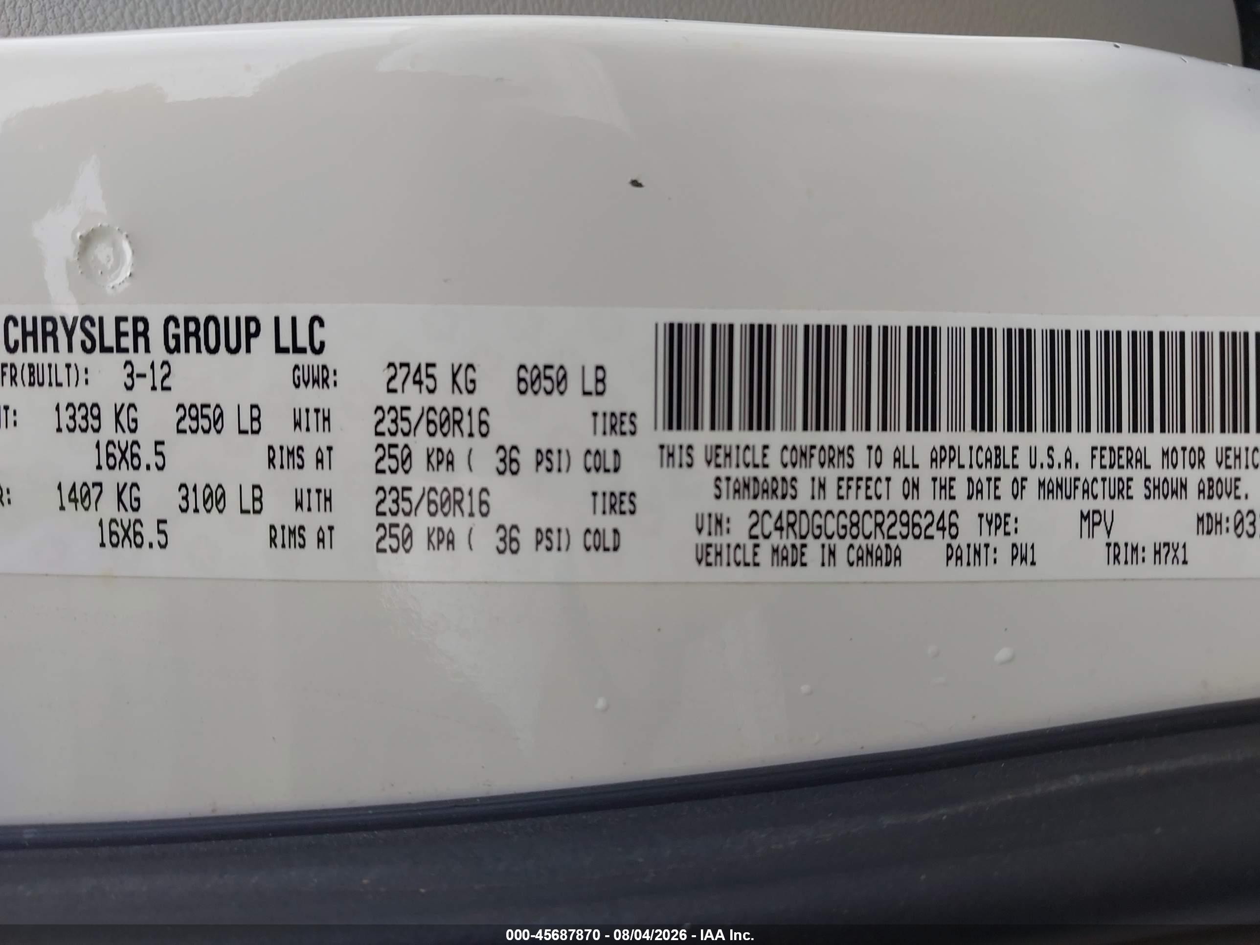 2012 Dodge Grand Caravan Sxt White vin: 2C4RDGCG8CR296246
